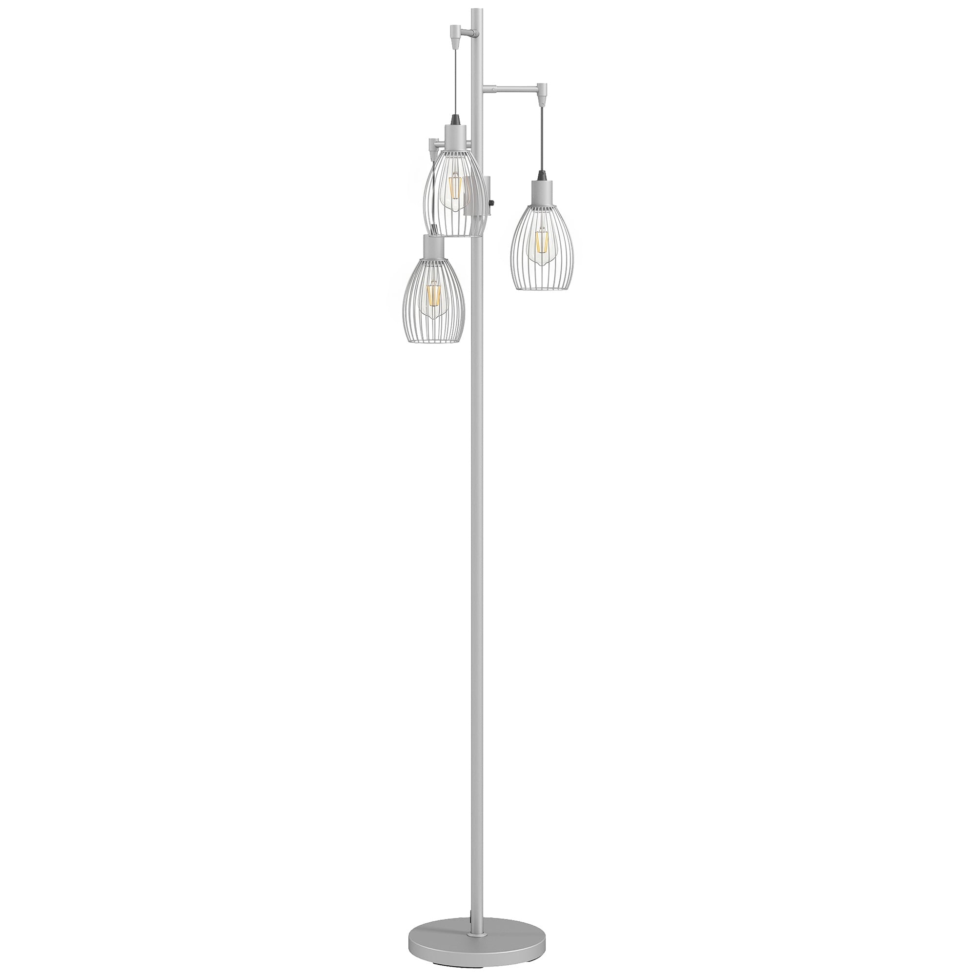 HOMCOM 170.5cm Industrial Dimmable Standing Lamp, 3-Light Floor Lamp with Steel Wire Cage Lampshades, Silver Tone