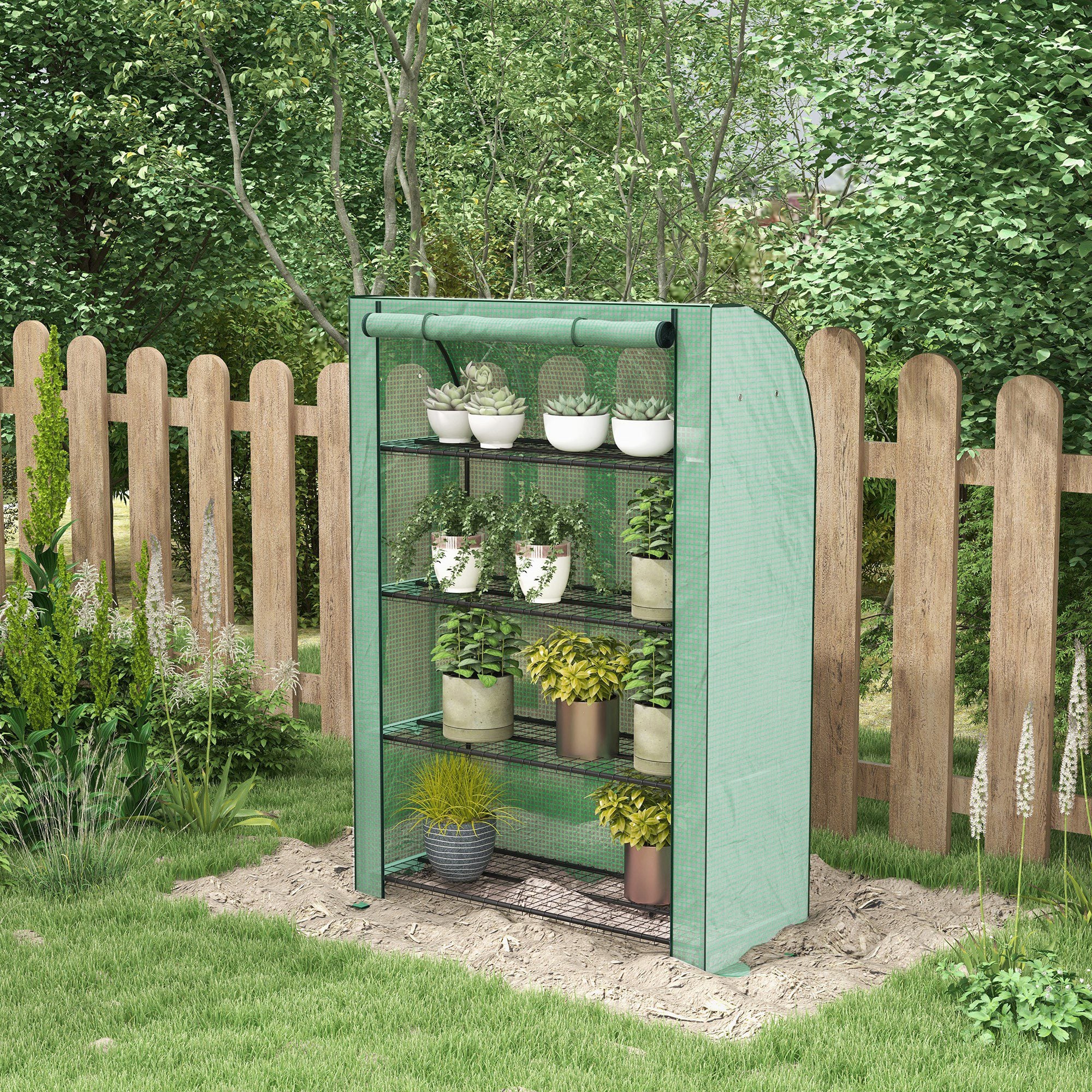 Outsunny 4 Tier Mini Greenhouse with Reinforced PE Cover, Portable Indoor Outdoor Green House with Roll-up Door and Wire Shelves, 170H x 120W x 50Dcm, Green - North Peak Garden Furniture