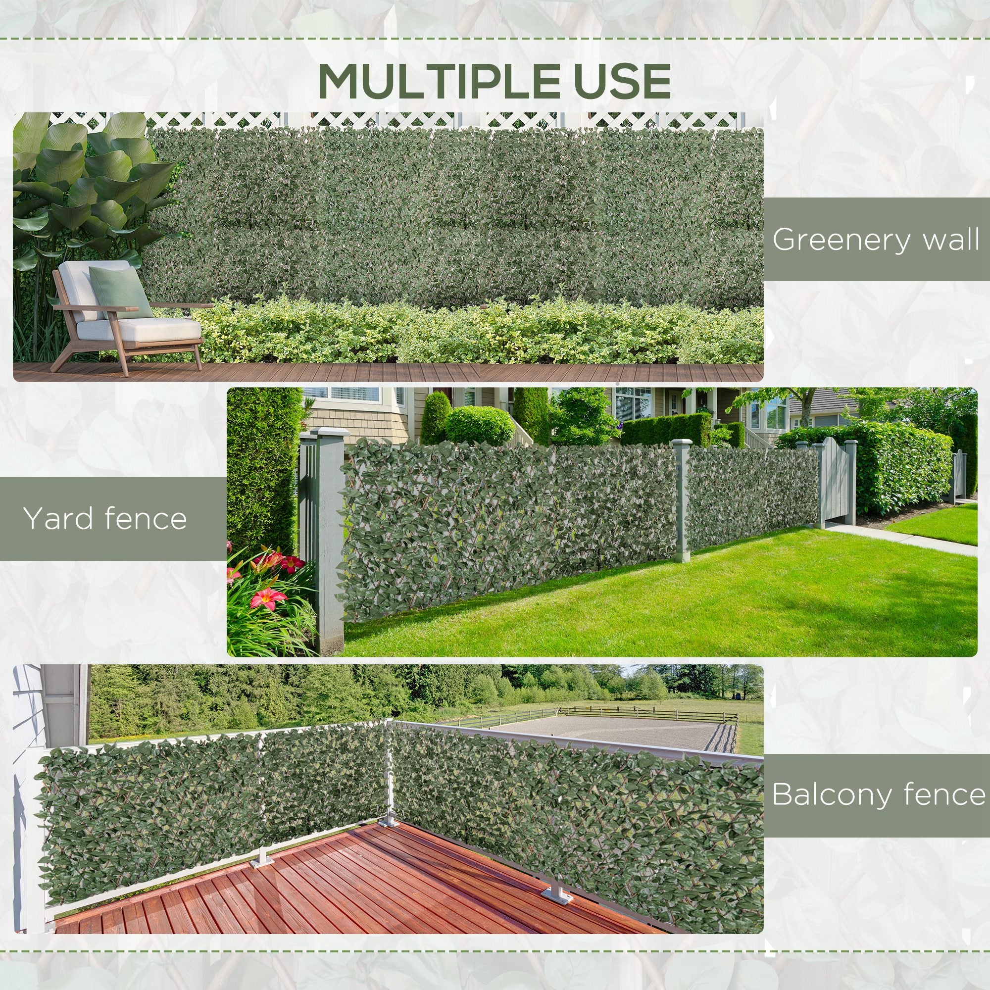 Outsunny 4 Pieces Expanding Trellis Fence, 2m x 1m Decorative Trellis with Artificial Leaves Garden Telescopic Hedge Privacy Screen Greenery Walls for Garden Balcony Home Decor