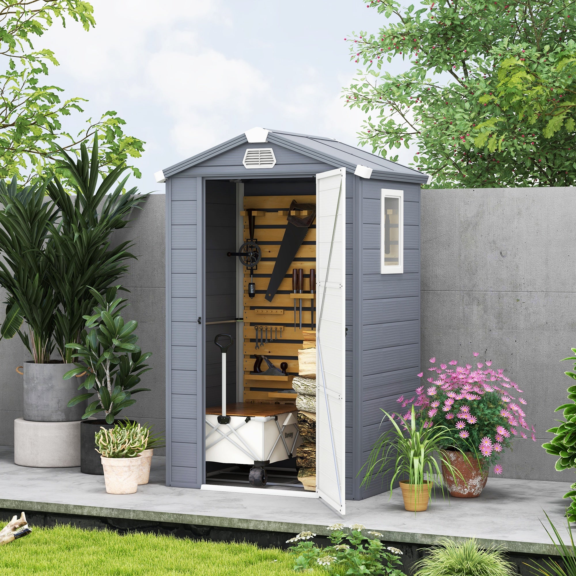 Outsunny 4.4ft x 3.3ft size Aluminium Frame and Plastic Wall Shed, with Foundation - Grey