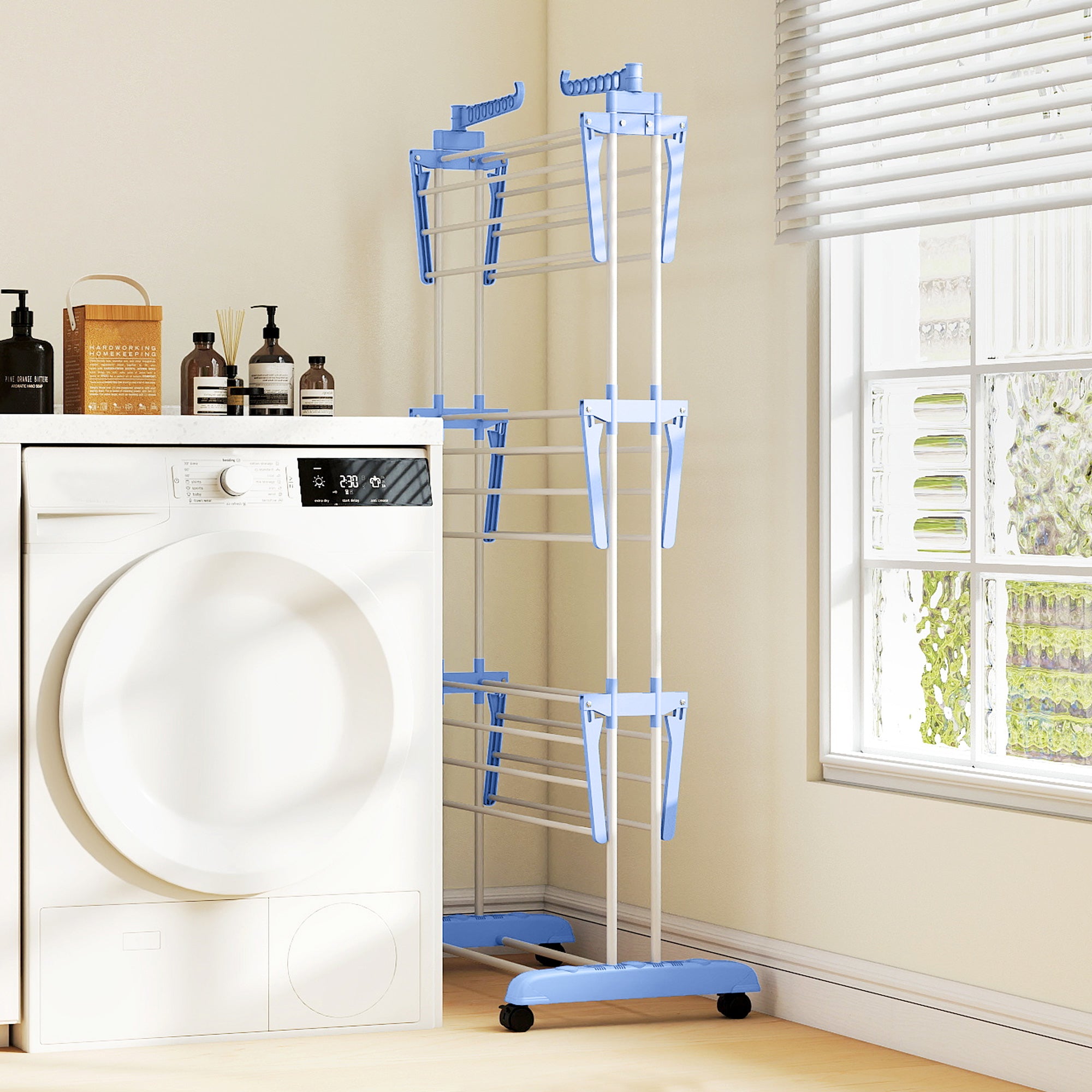 HOMCOM Foldable Clothes Drying Rack, 4-Tier Steel Garment Laundry Rack with Castors for Indoor and Outdoor Use, Blue