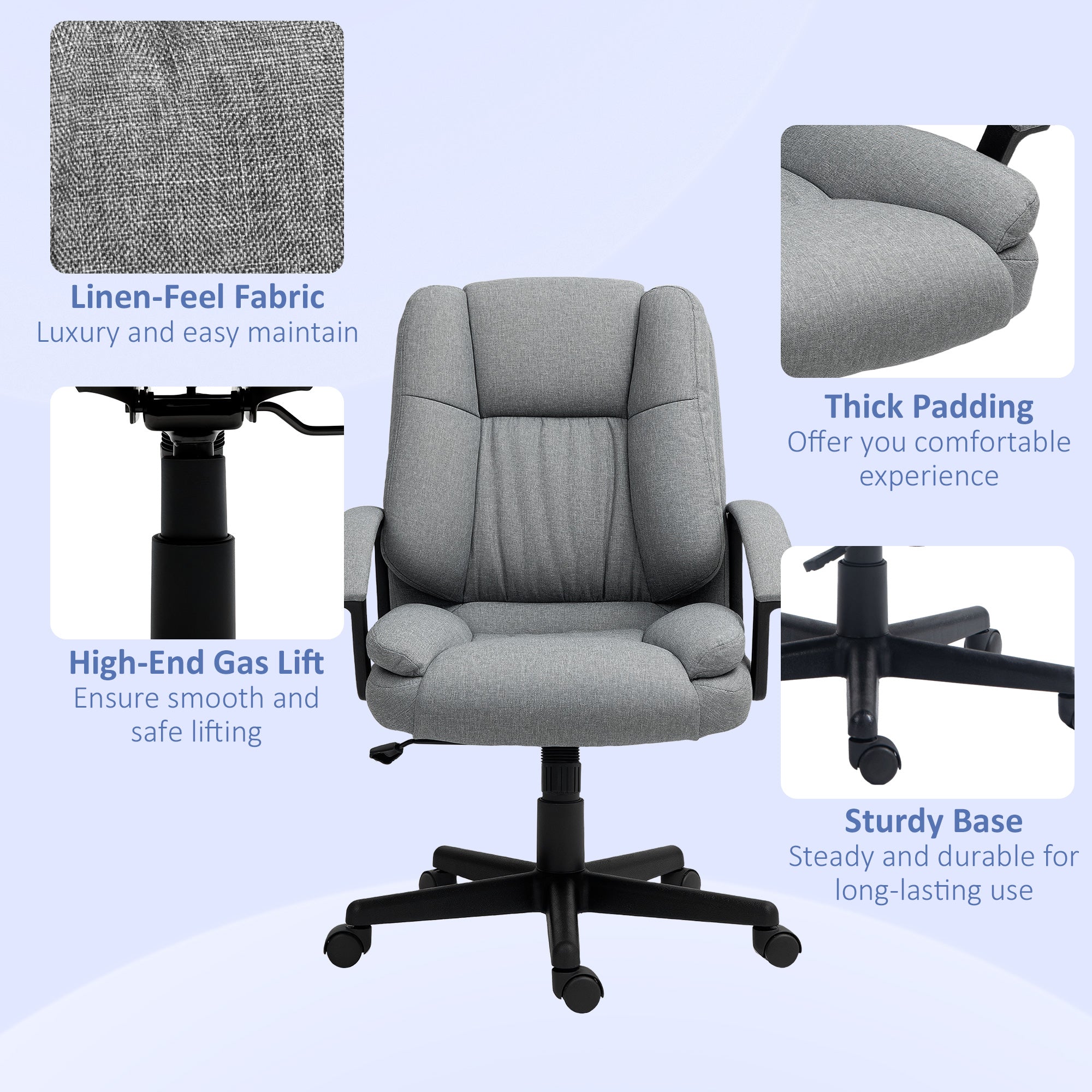 HOMCOM Linen-Look Padded Office Chair - Grey - North Peak Garden Furniture