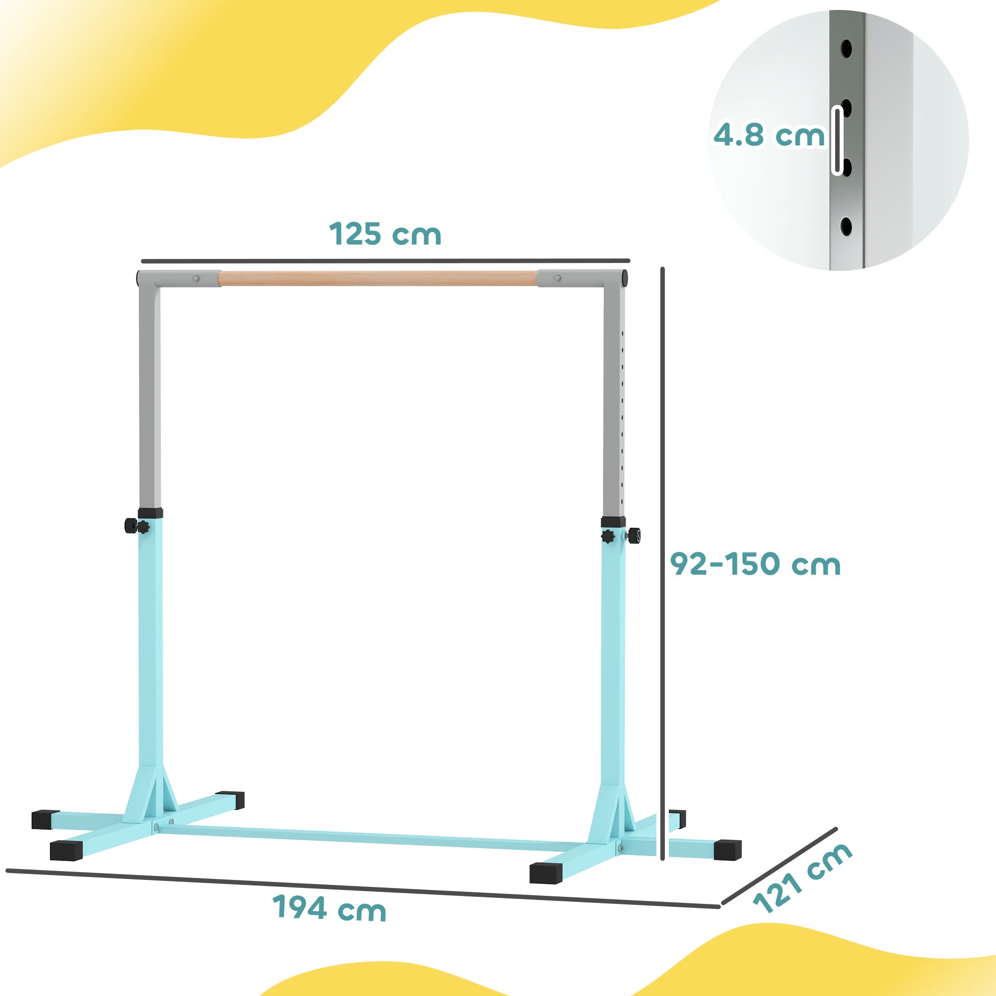 HOMCOM Height Adjustable Gymnastics Horizontal Bar for Kids, Children Junior Kip High Bar Fitness, Light Blue - North Peak Garden Furniture