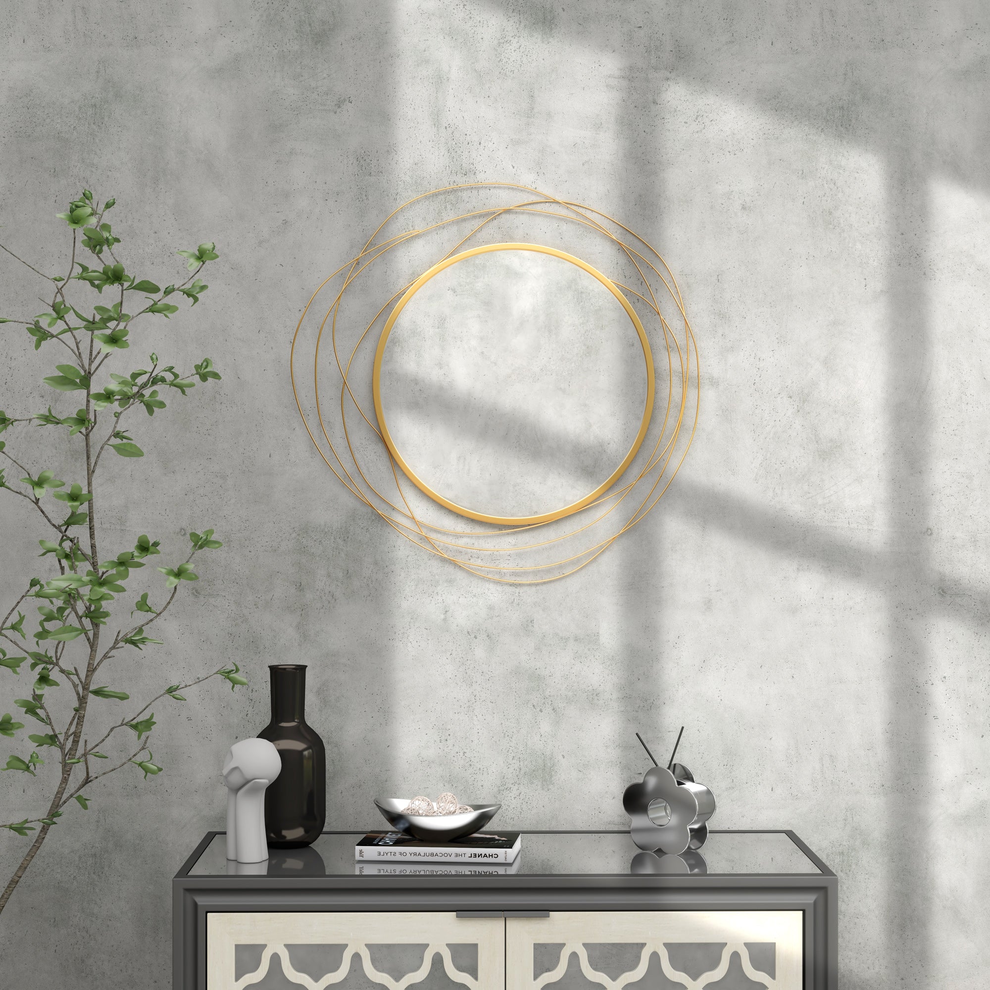 HOMCOM Abstract Metal Wire Wall Mirror, with Accessories - Gold Tone - North Peak Garden Furniture