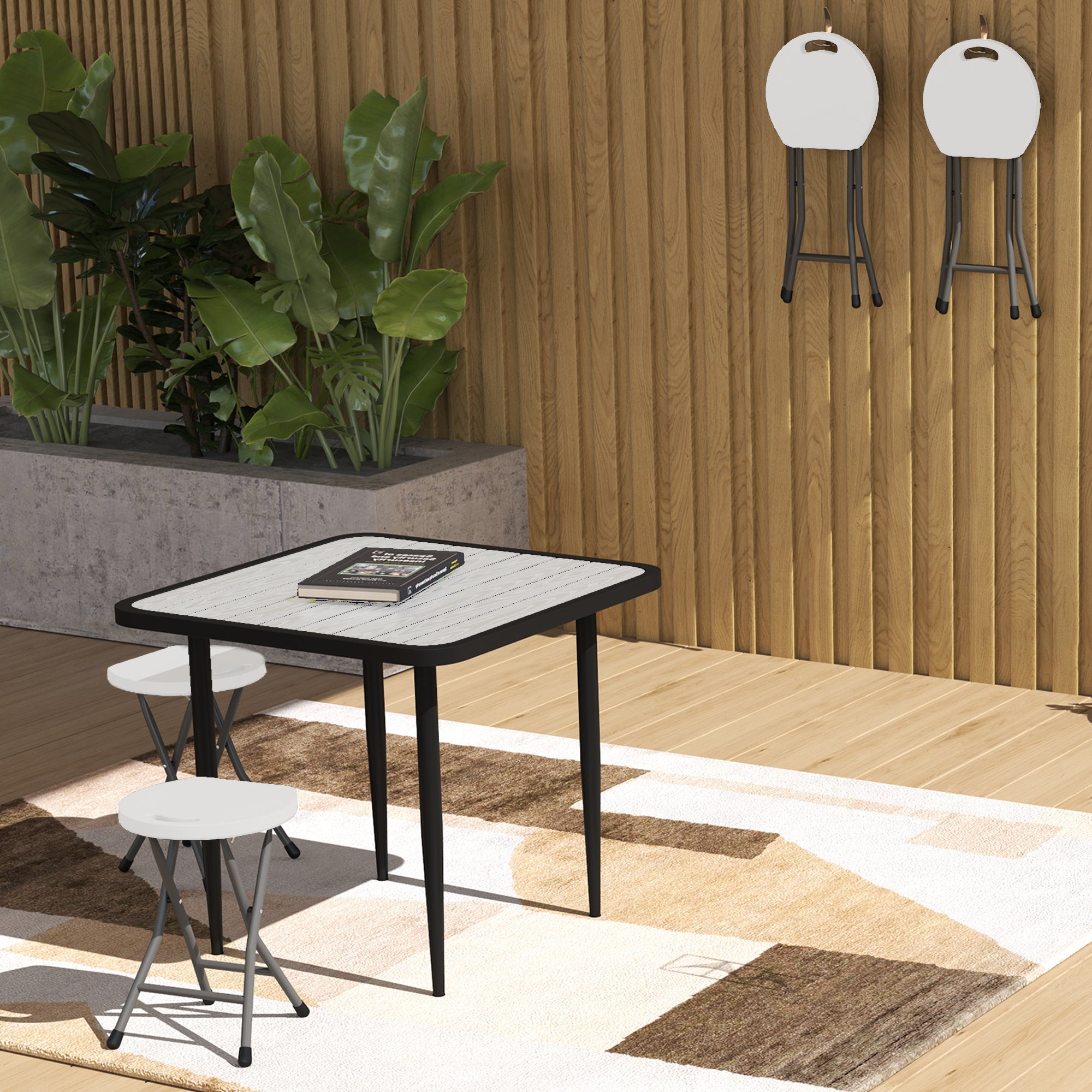 Outsunny Folding Stool Set of 4, Decorative Garden Stool Set with Safety Latch, Foldable Garden Stools with Powder-Coated Steel Legs HDPE Seat and Handle for Indoor and Outdoor, White - North Peak Garden Furniture