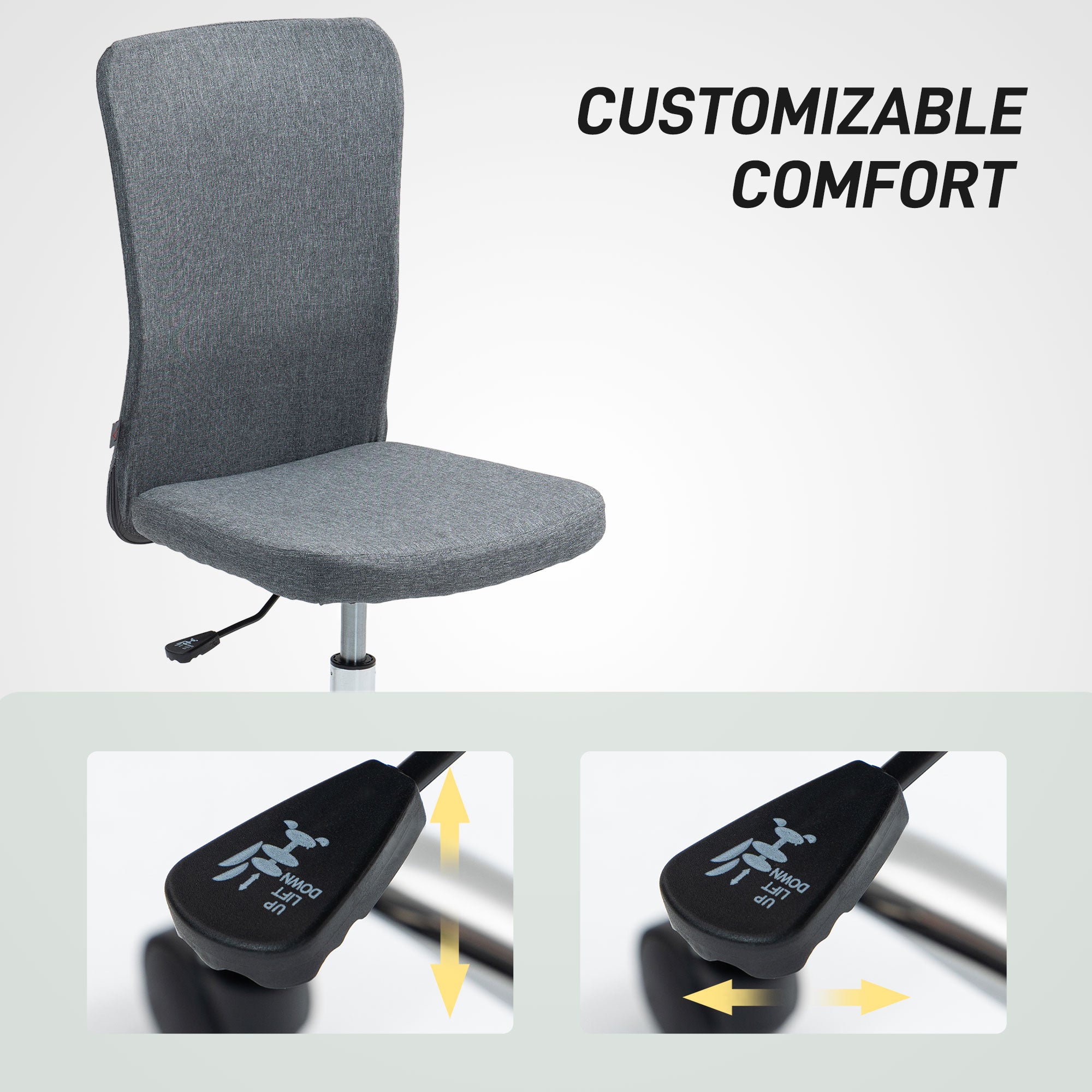 HOMCOM Armless Computer Desk Chair, Fabric Swivel Office Chair, Makeup Vanity Chair with Height Adjustable, Wheels, for Home Study Bedroom, Grey - North Peak Garden Furniture
