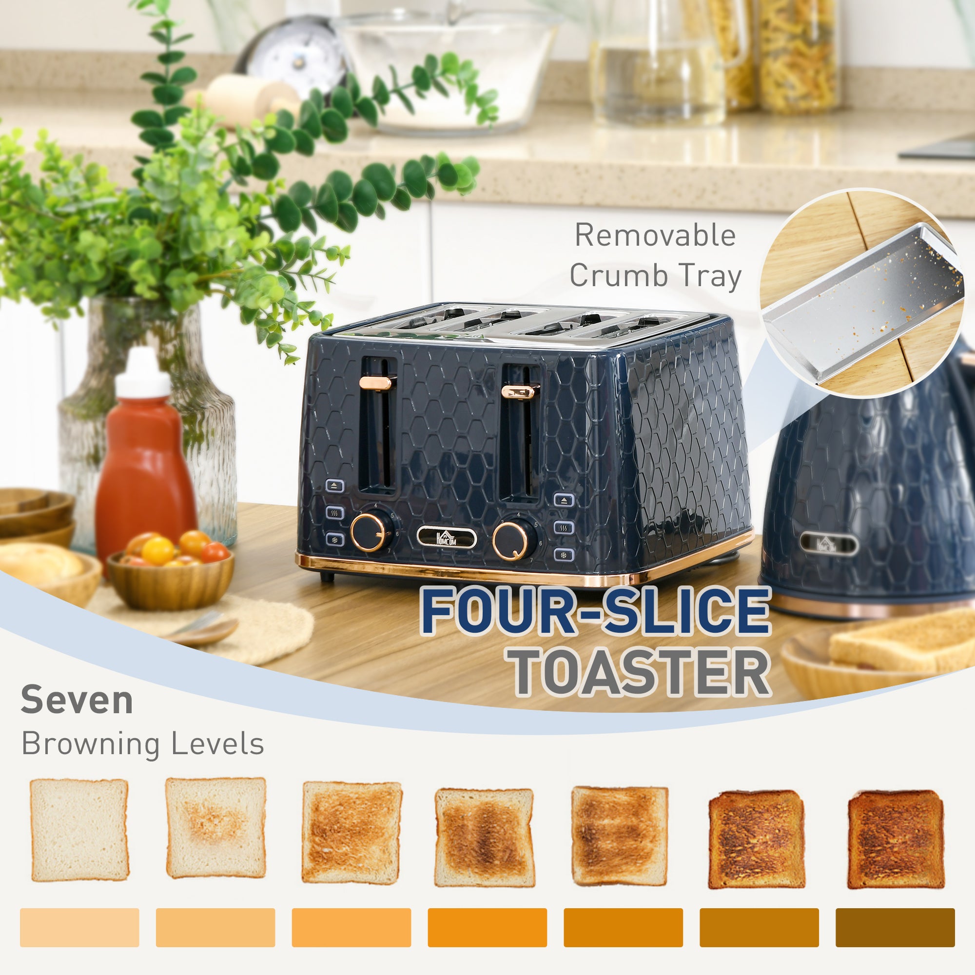 HOMCOM Kettle and Toaster Set, 1.7L 3000W Fast Boil Jug Kettle with Auto Shut Off, 4 Slice Toaster with 7 Level Browning Controls & Crumb Tray, Blue - North Peak Garden Furniture