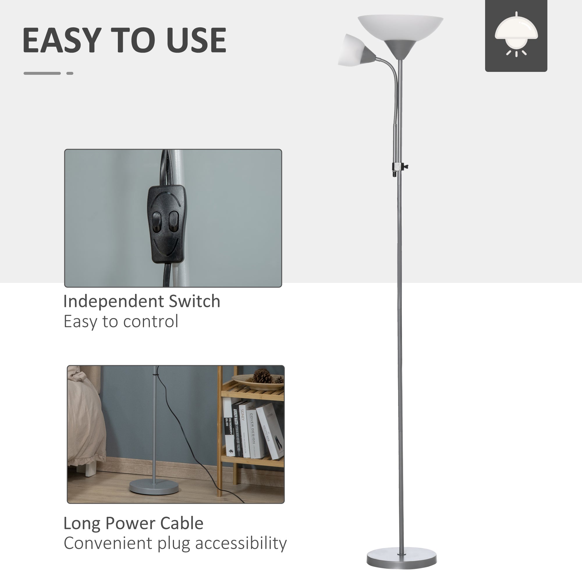 HOMCOM Modern Floor Lamp, Uplighter 2-Light Reading Lamp with Adjustable Heads, Tall Standing Lamp for Living Room, Bedroom, Office - North Peak Garden Furniture