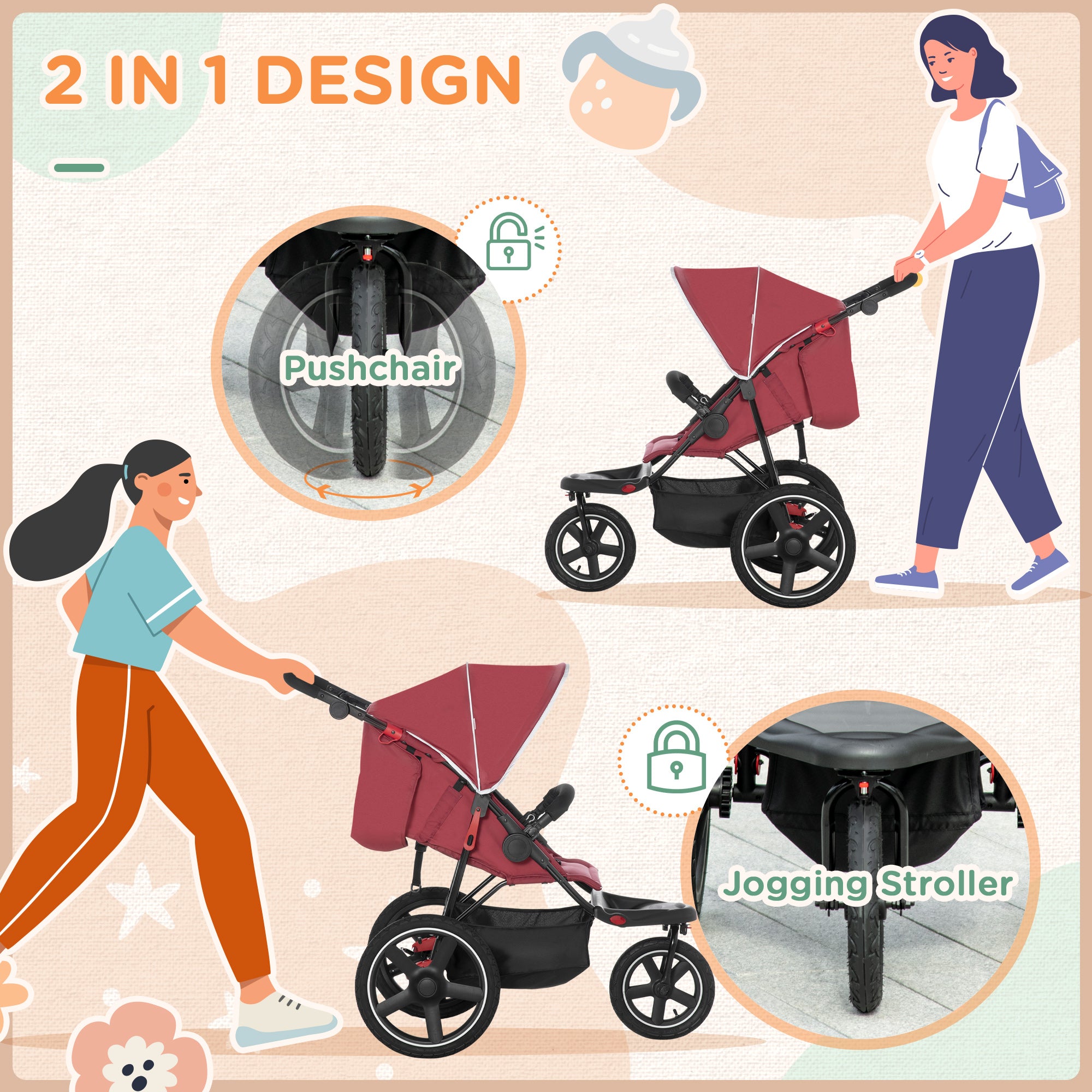 HOMCOM Foldable Three-Wheeler Baby Stroller w/ Canopy, Storage Basket - Red - North Peak Garden Furniture