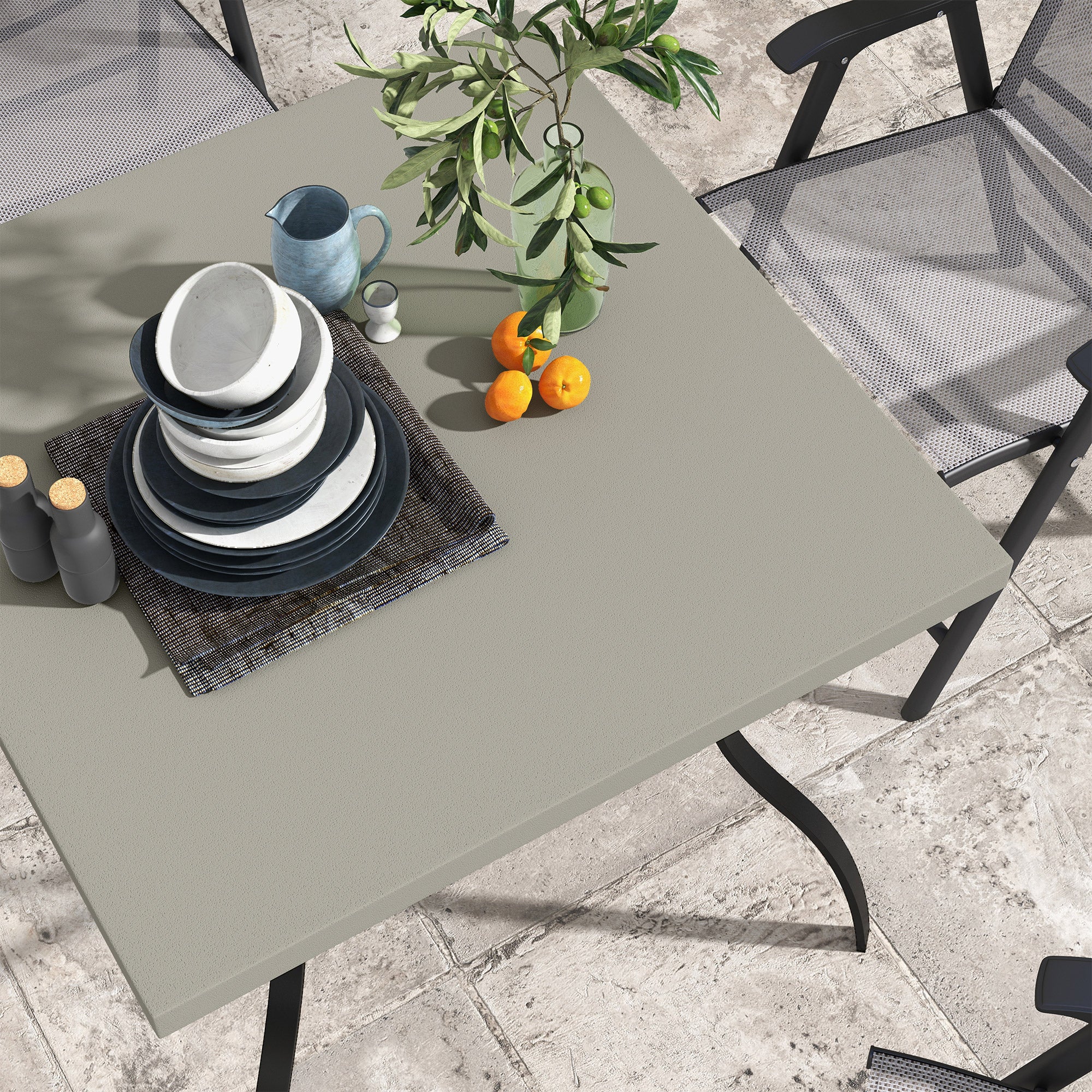 Outsunny Four-Seater Steel Garden Table, with Parasol Hole - Grey/Black - North Peak Garden Furniture