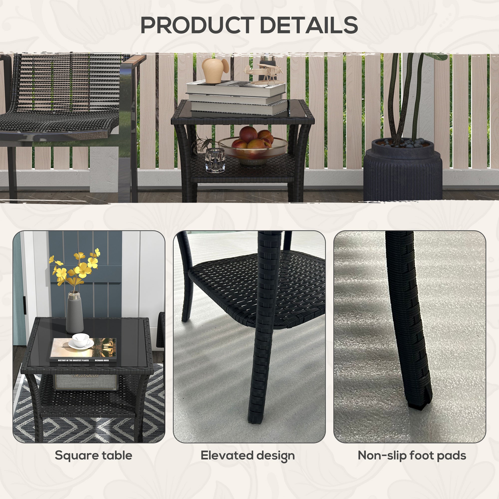 Outsunny Two-tier PE Rattan Square Coffee Table - Black - North Peak Garden Furniture