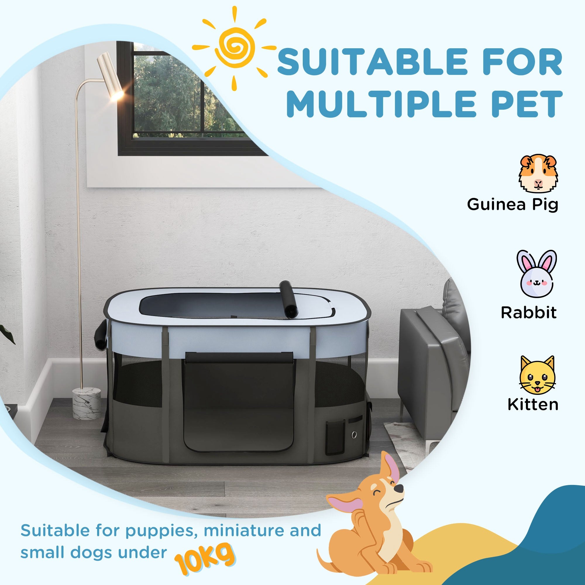 PawHut Foldable Dog Pen with Storage Bag for Indoor/Outdoor Use, Portable Pet playpen, with Ground Stakes - Grey - North Peak Garden Furniture