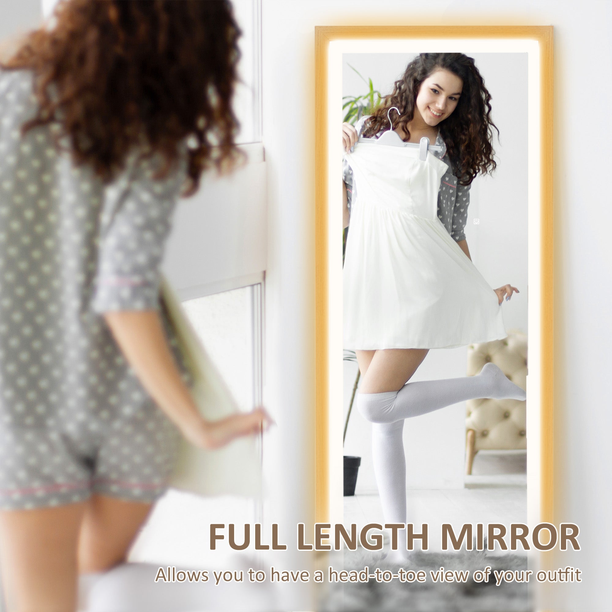 HOMCOM Full Length Mirror, with Adjustable Outer Light, Oak - North Peak Garden Furniture