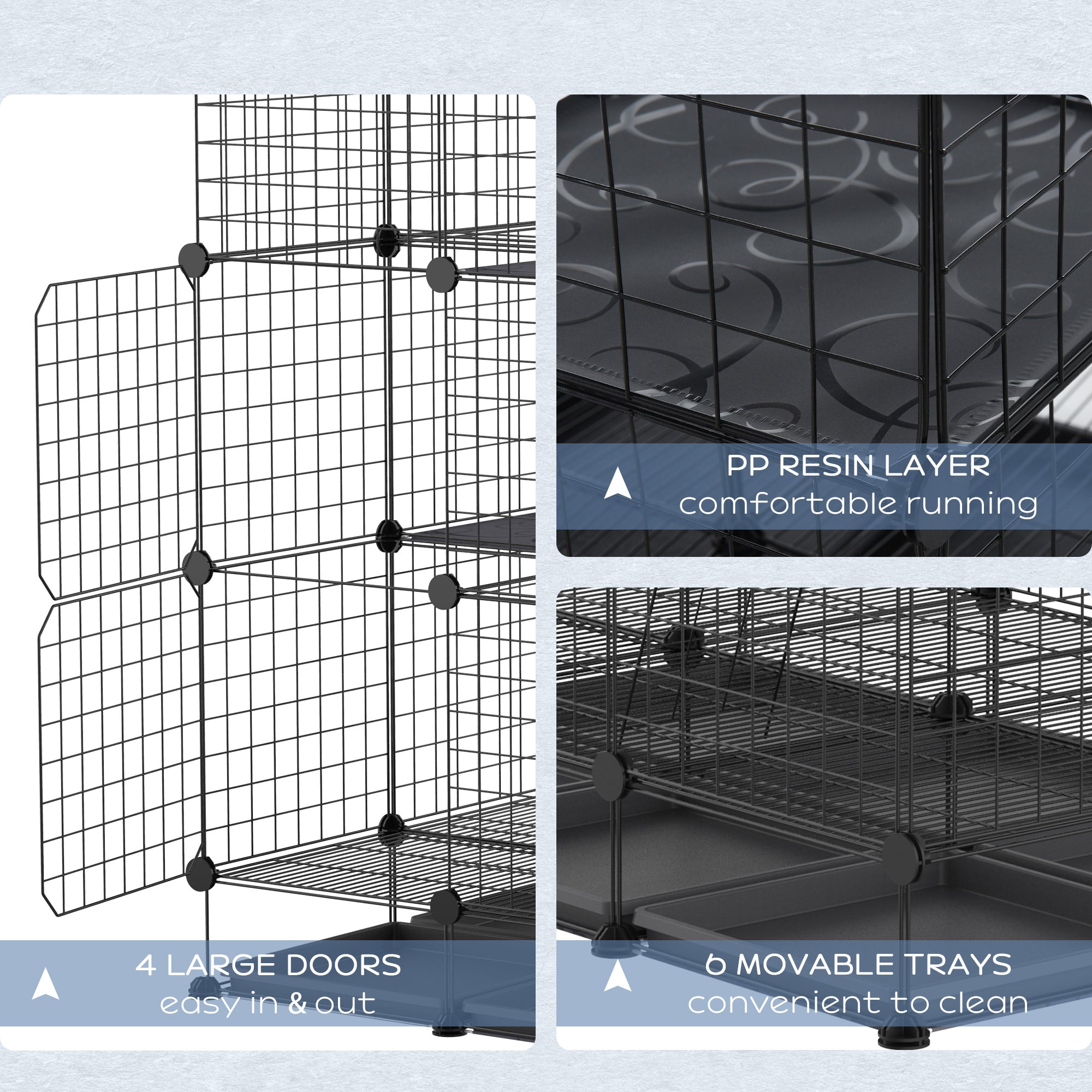 PawHut 3 Level DIY Pet Playpen Metal Small Animal Cage Rabbit Ferret Chinchillas Cage 4 Doors Bottom Trays Black - North Peak Garden Furniture
