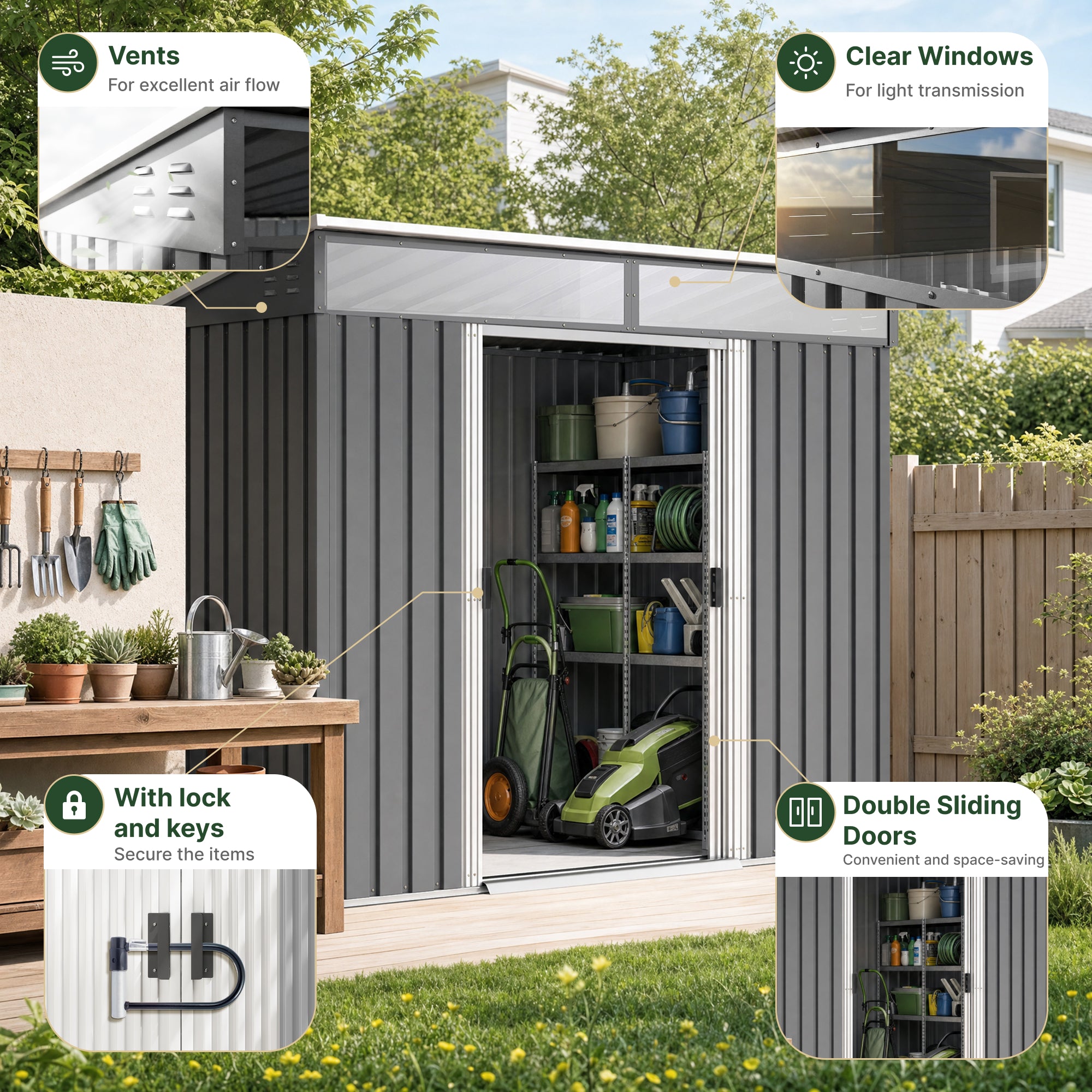 Outsunny 6.5 x 4FT Galvanised Metal Shed with Foundation Kit, Lockable Tool Garden Shed with Double Sliding Doors, Vents, Grey