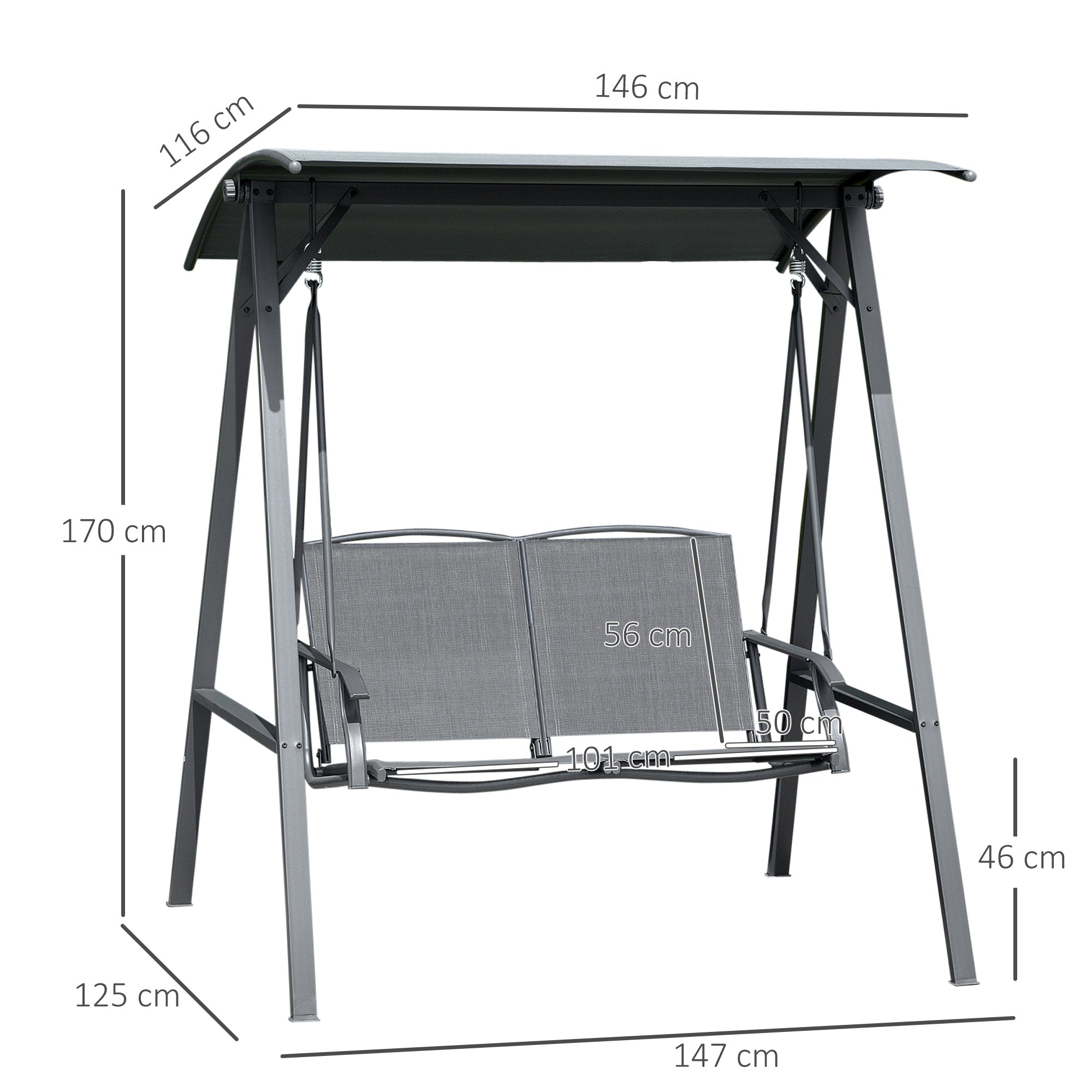 Outsunny 2 Seater Garden Swing Seat Swing Chair, Outdoor Canopy Swing Bench with Adjustable Shade, Metal Frame and Texteline Seat, Dark Grey