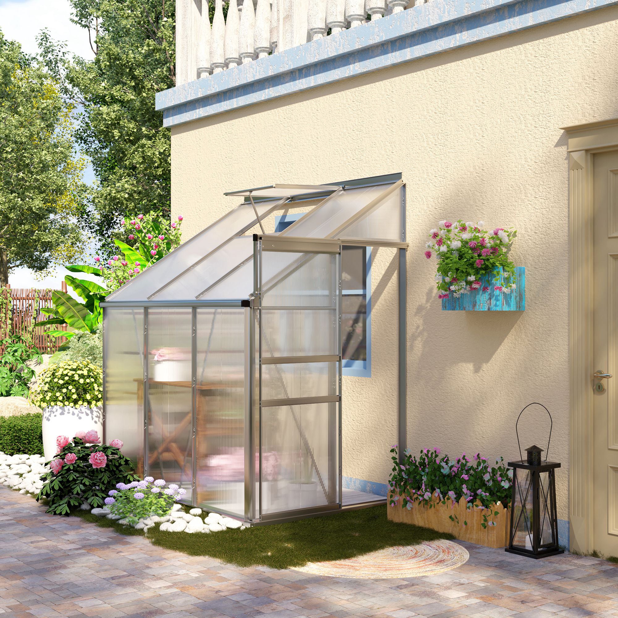 Outsunny 6 x 4ft Lean to Wall Polycarbonate Greenhouse Aluminium Walk-in Garden Greenhouse with Adjustable Roof Vent, Rain Gutter and Sliding Door, Clear - North Peak Garden Furniture