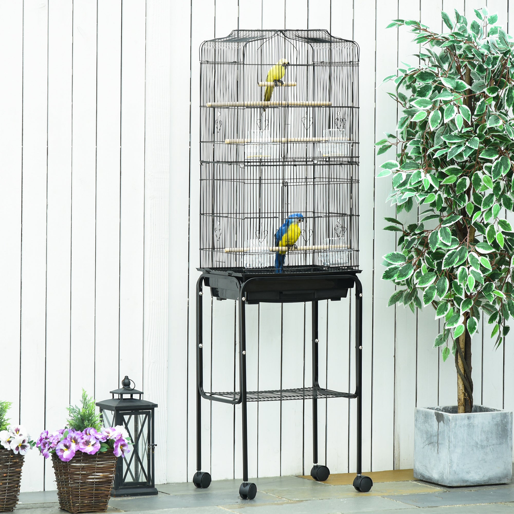 PawHut Bird Cage Budgie Cages for Finch Canary Parakeet with Stand Wheels Slide-out Tray Accessories Storage Shelf, Black 46.5 x 36 x 157 cm