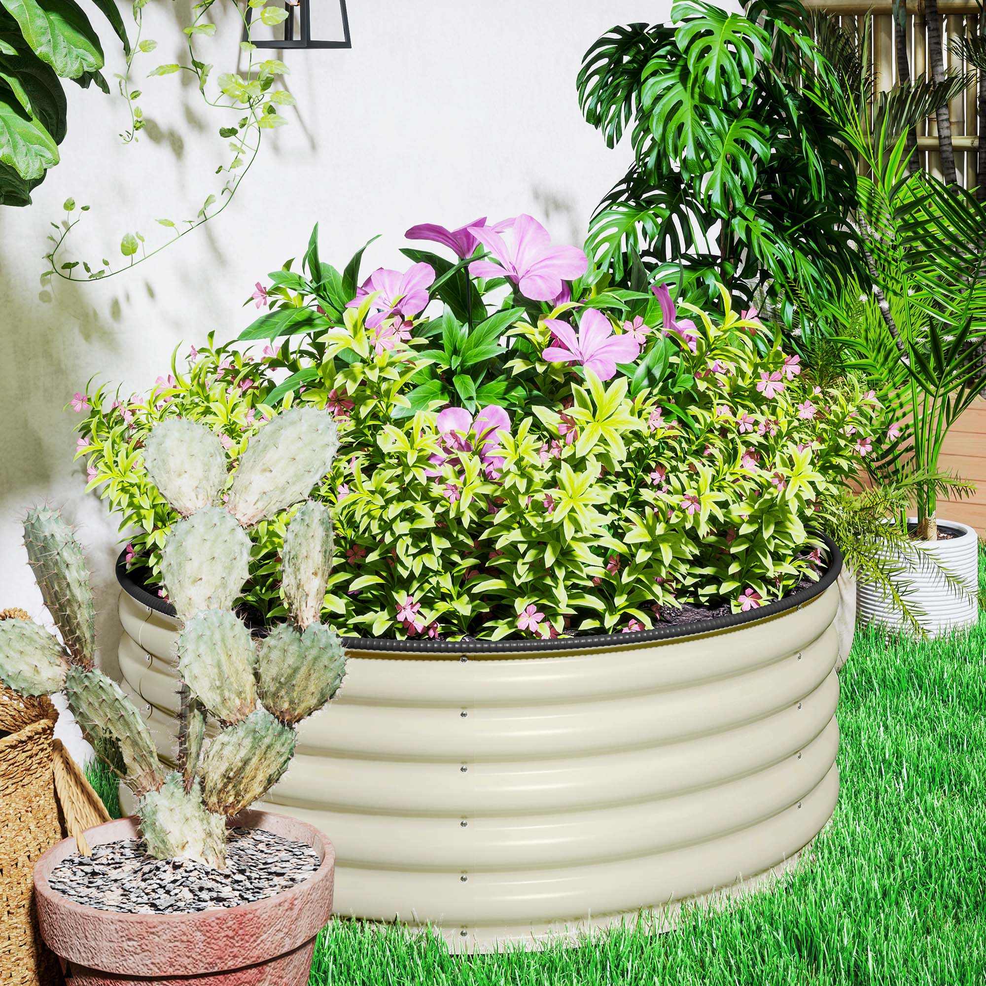 Outsunny Galvanised Raised Garden Bed with Safety Edging, Outdoor Raised Planter Box with Gloves, 120 x 120 x 43cm, Cream White - North Peak Garden Furniture