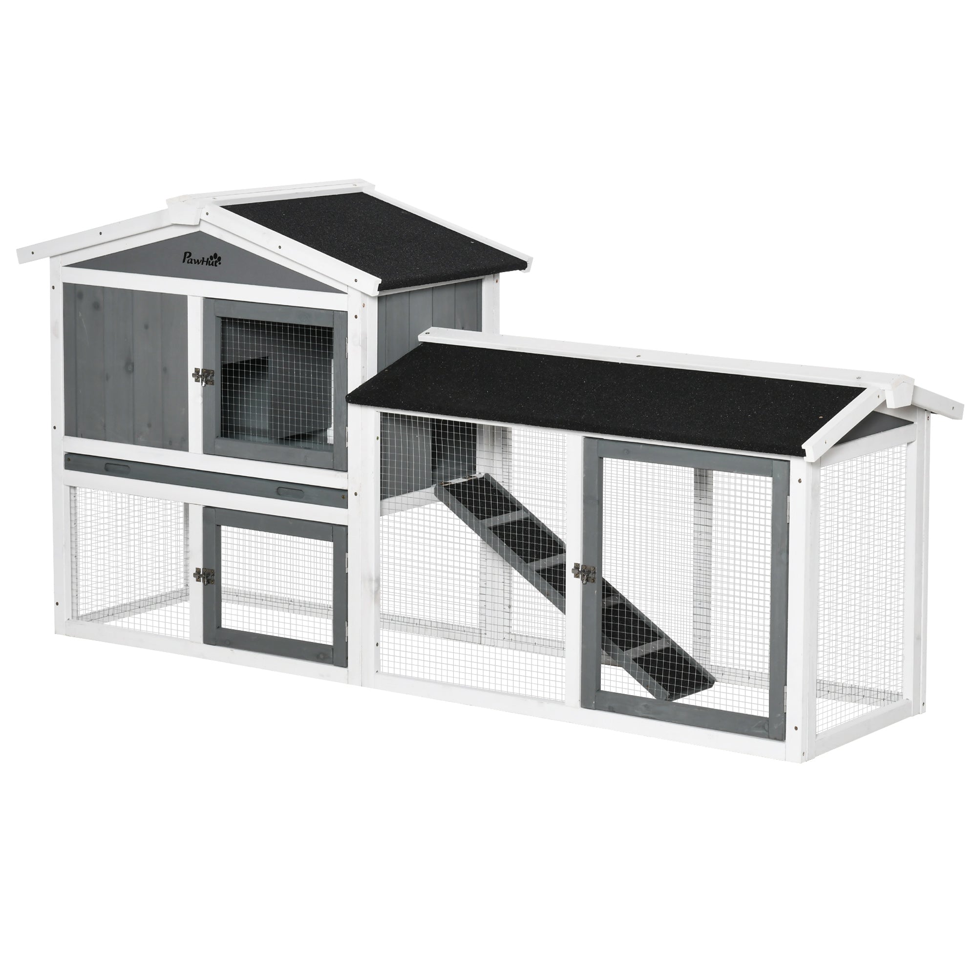 PawHut Rabbit Hutch Outdoor, 2-Tier Guinea Pig Hutch, Wooden Small Animal House with Rabbit Run Box, Slide-out Tray, Ramp, 175.8 x 52 x 85.5 cm, White - North Peak Garden Furniture