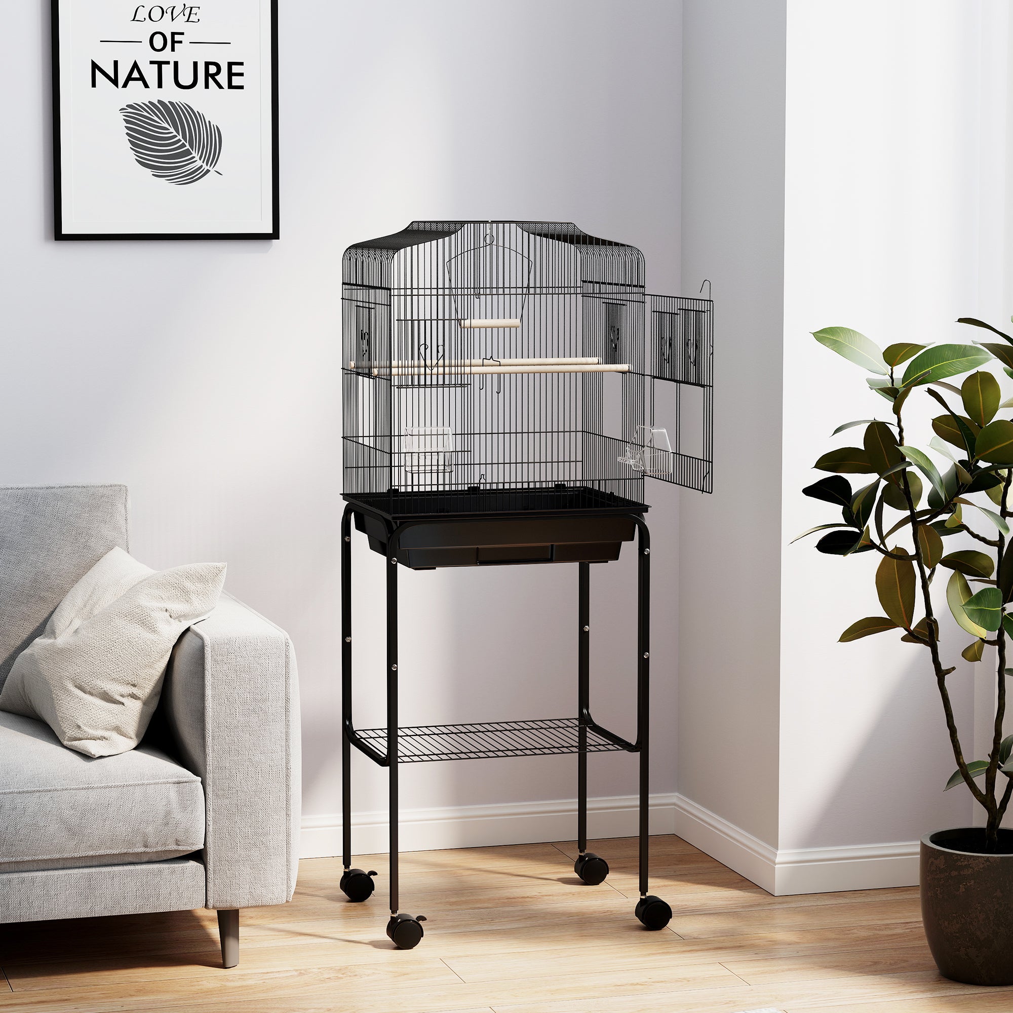 PawHut Bird Cage Budgie Cages for Finch Canary Parakeet with Stand Wheels Slide-out Tray Accessories Storage Shelf, Black - North Peak Garden Furniture