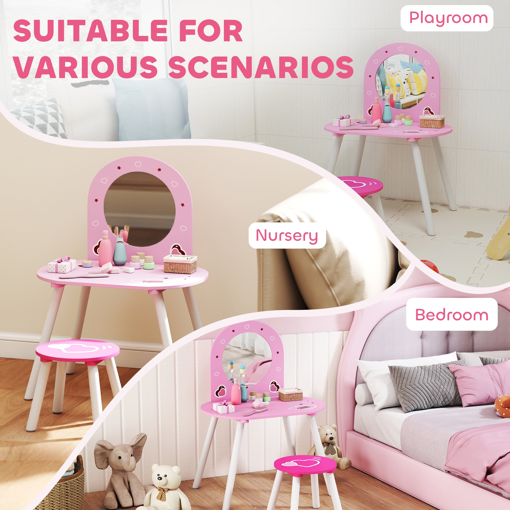 AIYAPLAY Kids Dressing Table with Mirror and Stool, Girls Vanity Set for Kids Room, Bedroom, Nursery, for Ages 3–6 Years, Pink