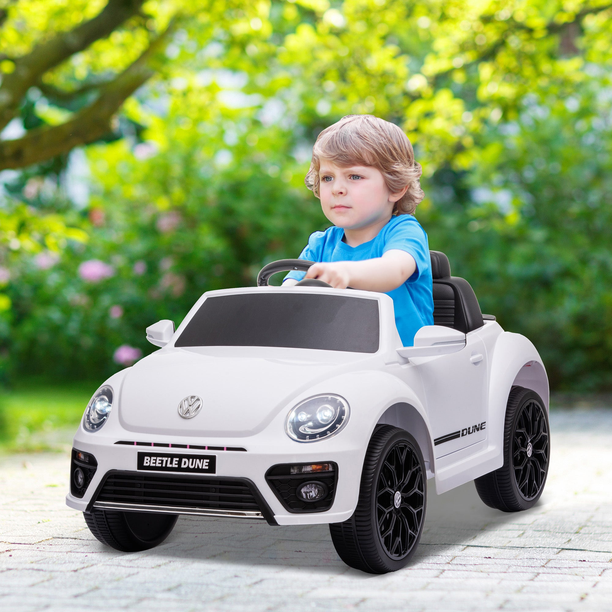 AIYAPLAY Volkswagen Beetle Licensed 12V Ride on Car w/ Remote Control, Suspension Wheels, Soft Start, Lights, Music, White - North Peak Garden Furniture