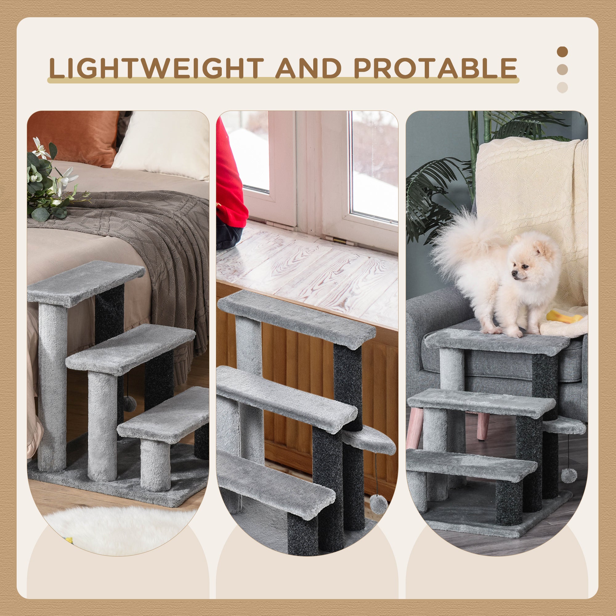 PawHut 3-step Pet Stairs with Scratching Posts, Platforms, Toy Ball, Grey - North Peak Garden Furniture