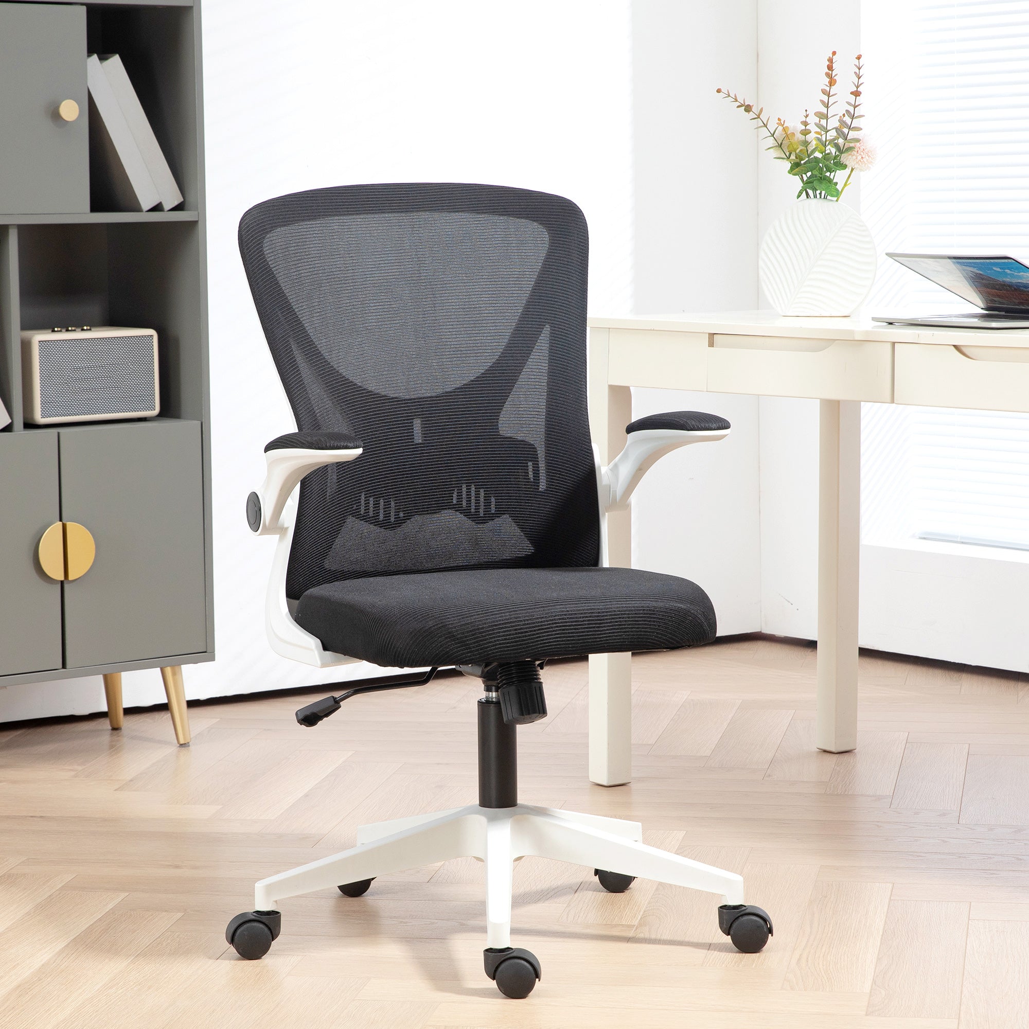 Vinsetto Mesh Back Office Chair, with Flip-Up Arms - Black and White - North Peak Garden Furniture