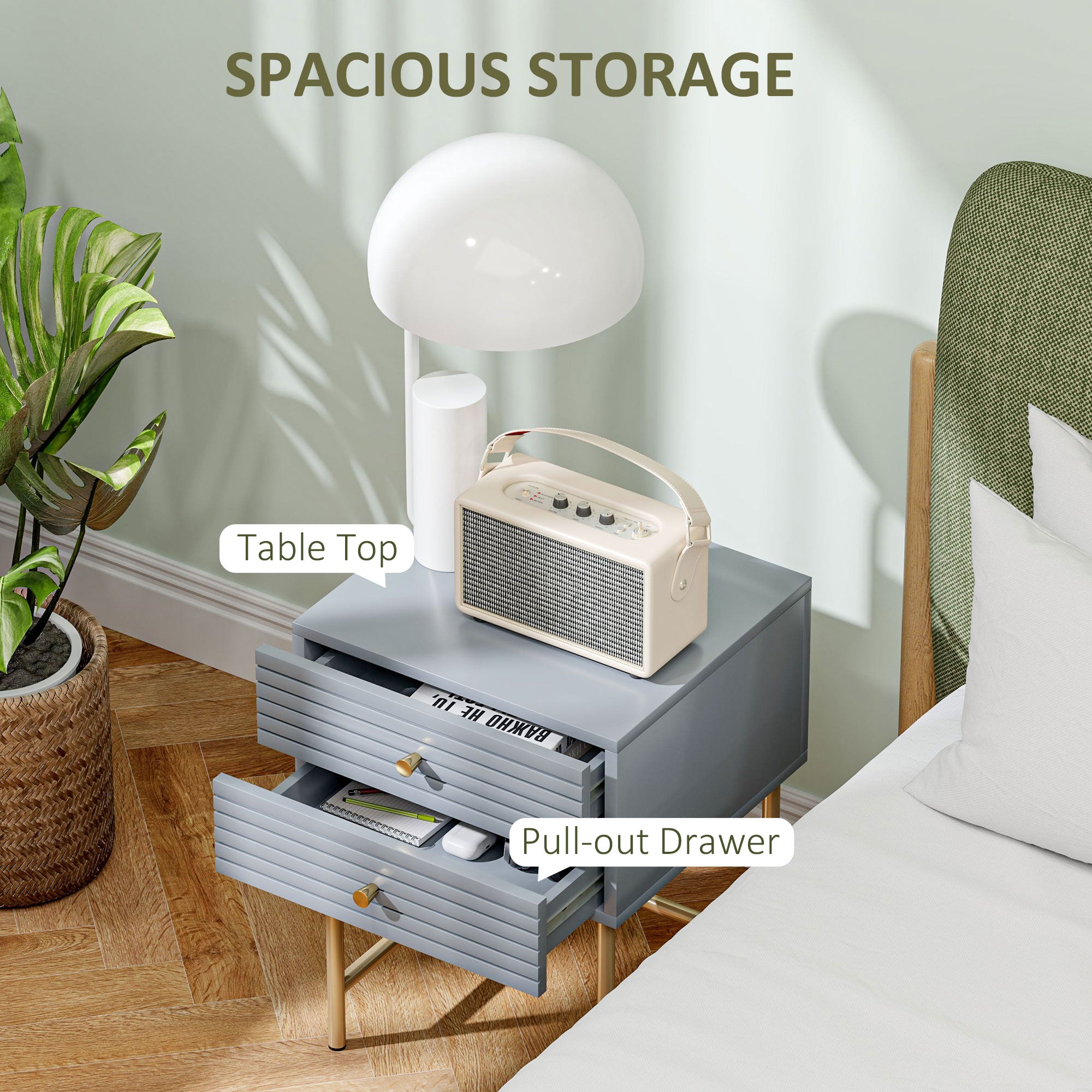 HOMCOM Set of Two Elegant Bedside Tables - Grey/Gold-Tone - North Peak Garden Furniture