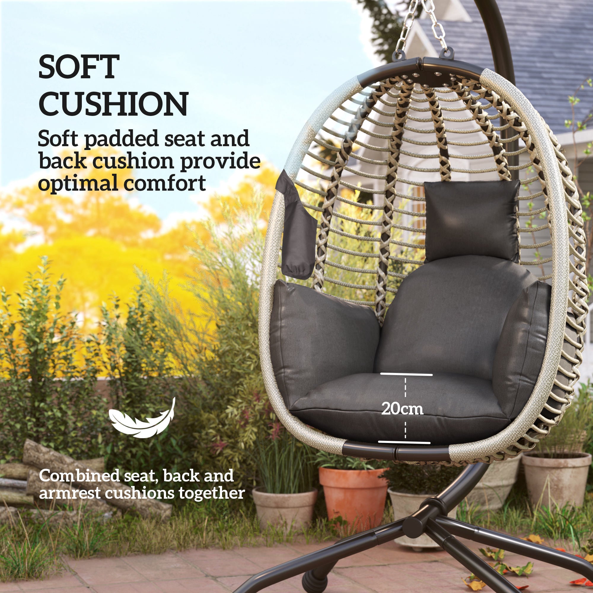 Outsunny Outdoor Swing Chair with Thick Padded Cushion, Patio Hanging Chair with Metal Stand, Foldable Basket, Cup Holder, Rope Structure, for Indoor & Outdoor, Dark Grey