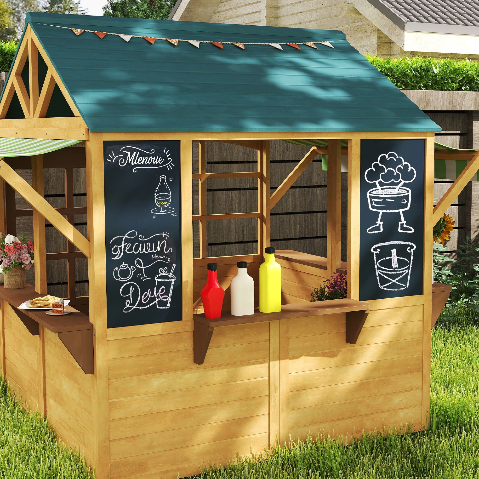 AIYAPLAY Wooden Playhouse for Kids, Foldable Wendy House with Windows, Working Door, Service Stations, Rain Covers, Brown - North Peak Garden Furniture