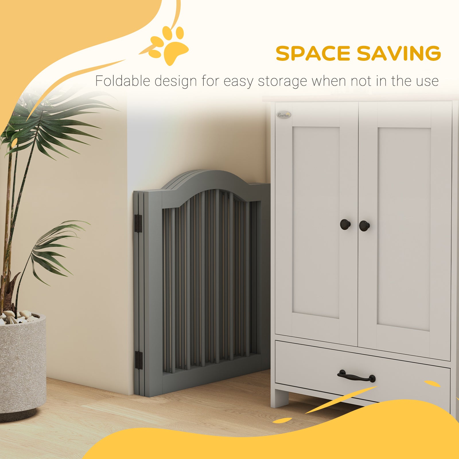 PawHut 3 Panels Dog Gate w/ Support Feet Fence Safety Barrier Freestanding Wood Light Grey - North Peak Garden Furniture