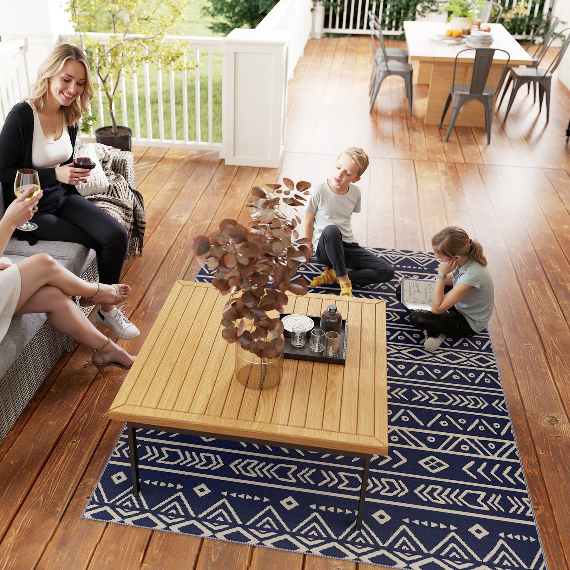 Outsunny Reversible Outdoor Rug with Carry Bag, Waterproof Plastic Straw Mat for Garden, Deck, RV, Picnic, Beach, Camping, 182 x 274cm, Dark Blue and White - North Peak Garden Furniture