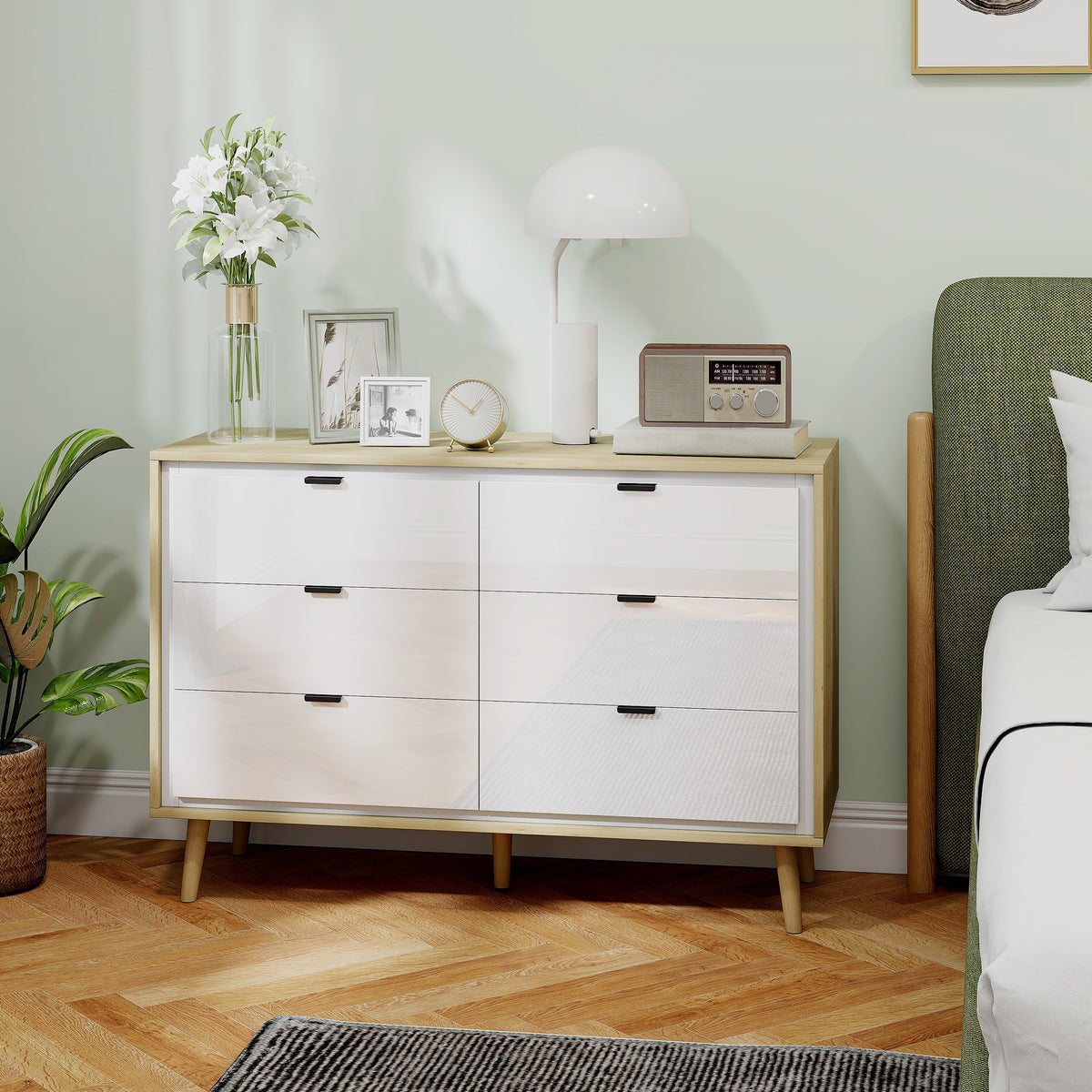 HOMCOM Storage Cabinet, Chest of Drawers with 6  Drawers and 5 Legs for Bedroom,  High Gloss White