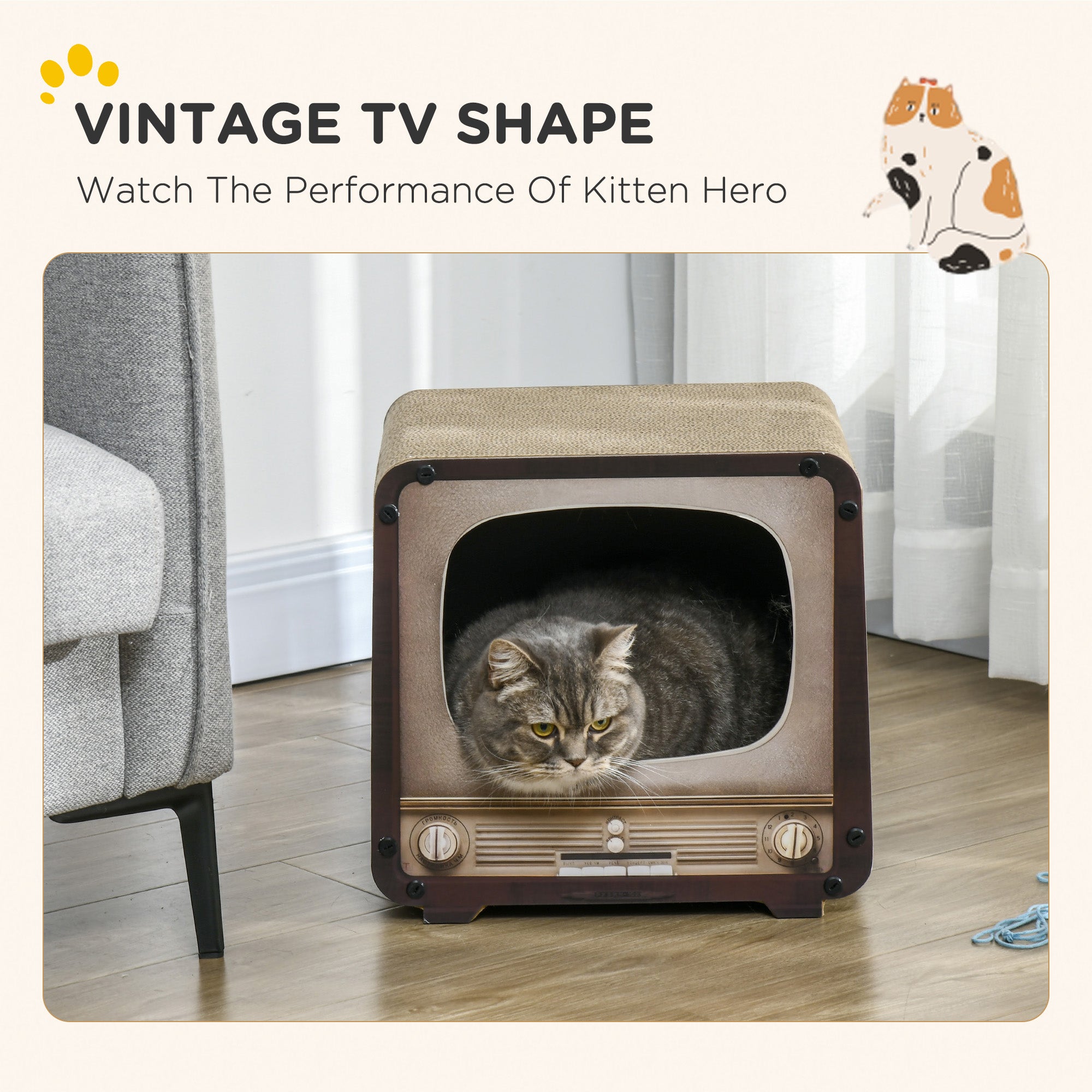 PawHut 2 in 1 TV Shape Cat Scratching Board House with Catnip, for Indoor Cats, Brown - North Peak Garden Furniture