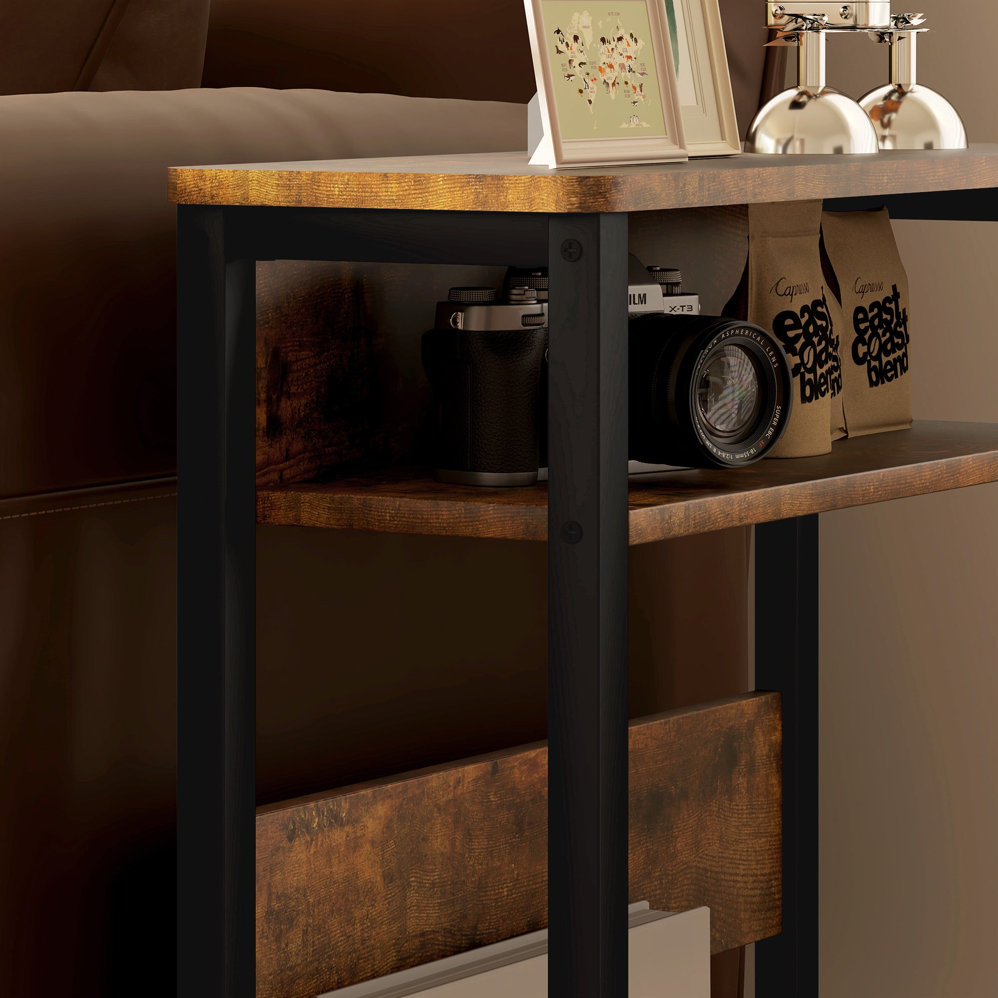 HOMCOM Industrial-Style Side Table - Black/Brown - North Peak Garden Furniture