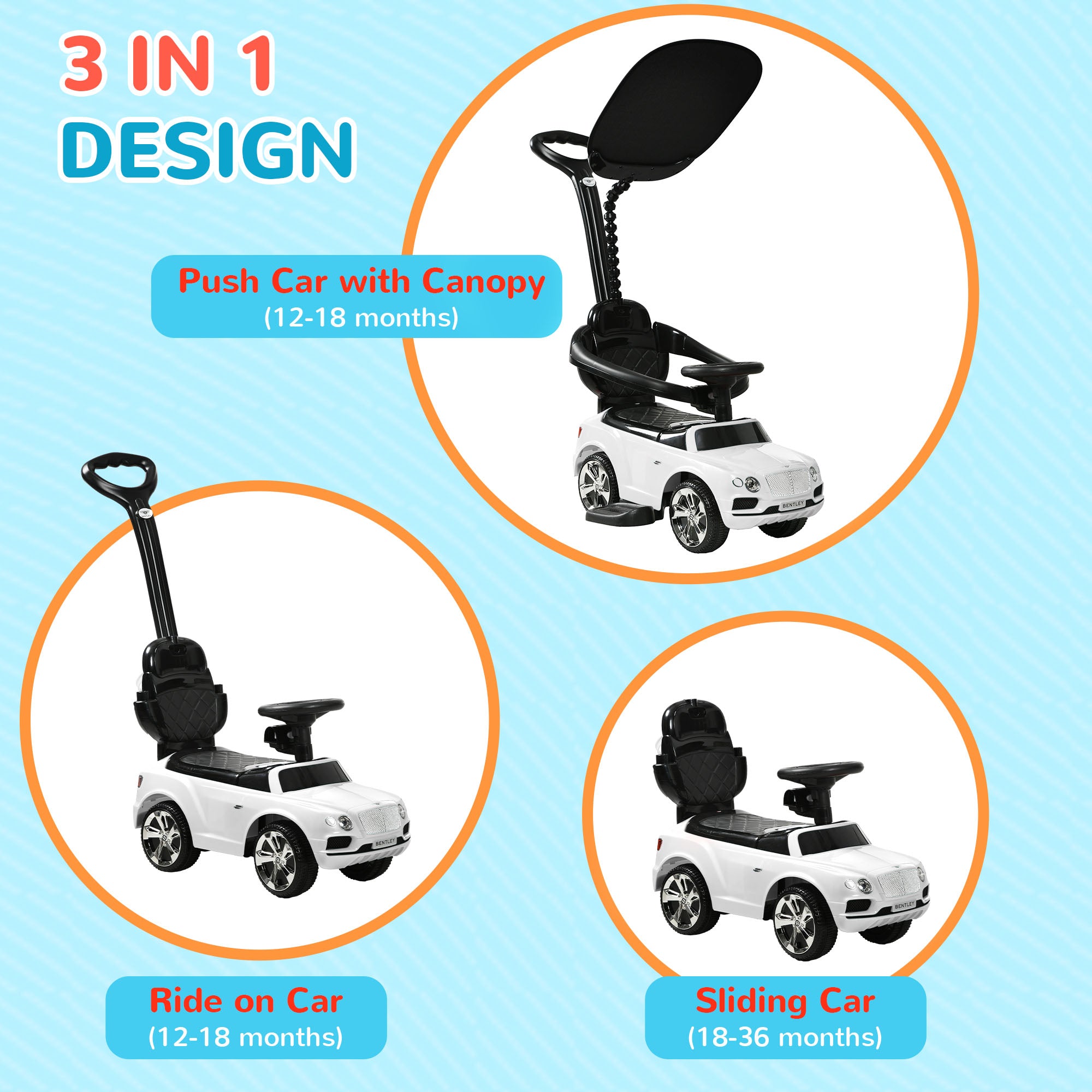AIYAPLAY Bentley Bentayga Licensed 3-in-1 Baby Push Car, Ride on Car Sliding Car with Canopy, Horn Music - White - North Peak Garden Furniture