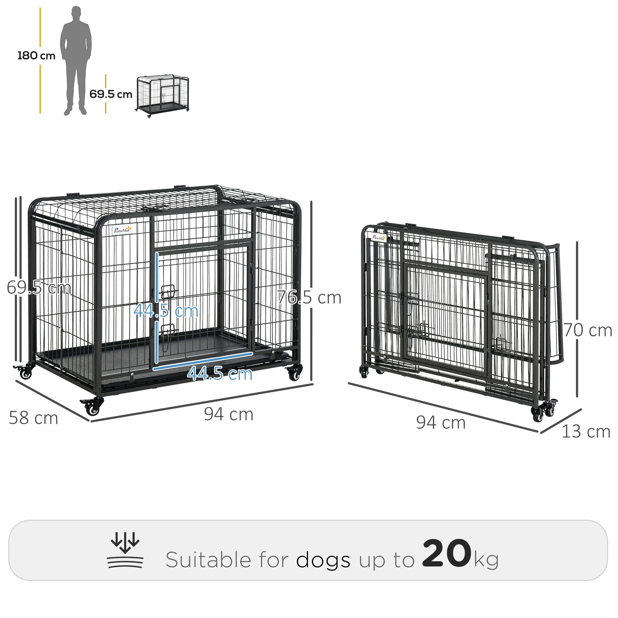 PawHut Metal Dog Cage Kennel Locking Door & Wheels Removable Tray Openable Top For Medium Pets 94 x 58 x 69.5 cm