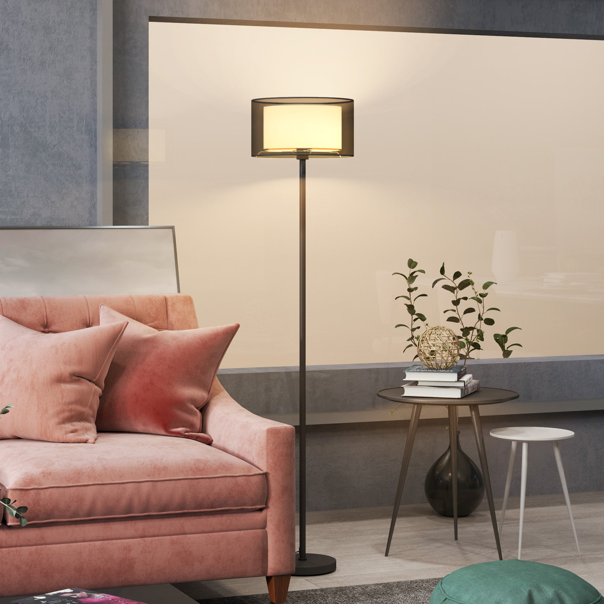 HOMCOM Floor Lamp for Living Room, Modern Standing Lamp with Double Layer Shade & Foot Switch, Minimalist Tall Pole Lampshade for Bedroom, Office, Black - North Peak Garden Furniture