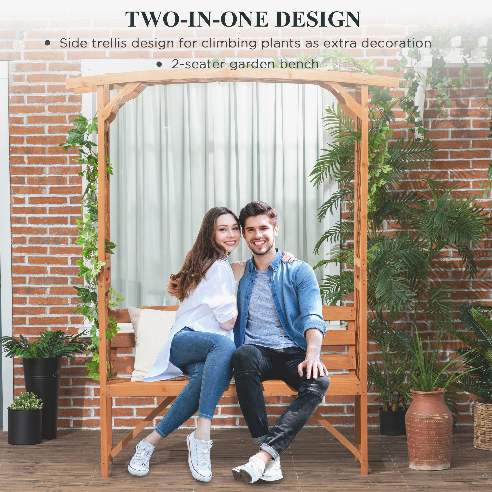 Outsunny Patio Garden Bench, Natural Wooden Garden Arbour with Seat for Vines/Climbing Plants, Natural - North Peak Garden Furniture