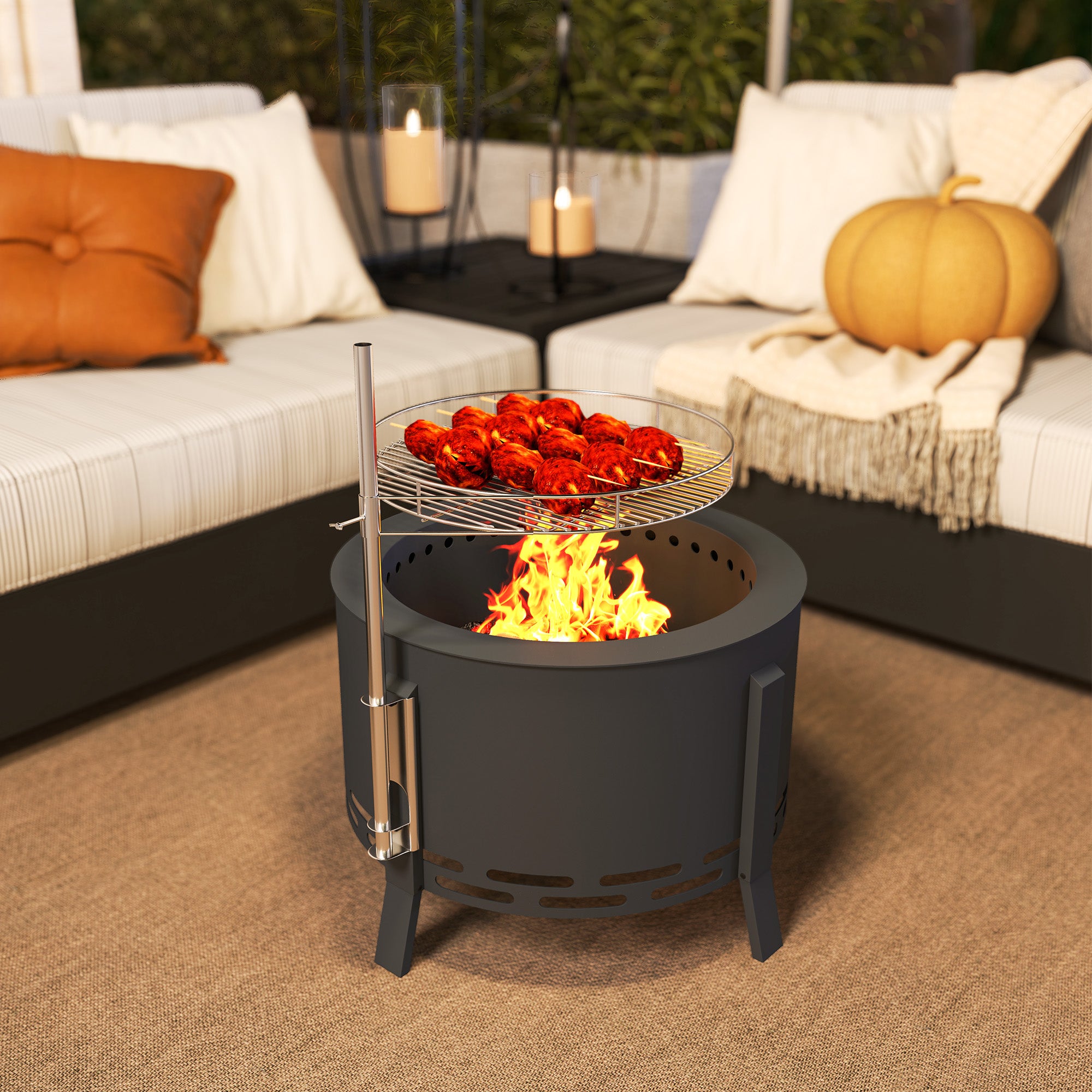 Outsunny Portable Fire Pit, 58 cm Round Firepit with Grill Grate, Fire Bowl with Ash Catcher and Poker, Fire Pit BBQ for Garden Camping Bonfire Picnic, Black - North Peak Garden Furniture