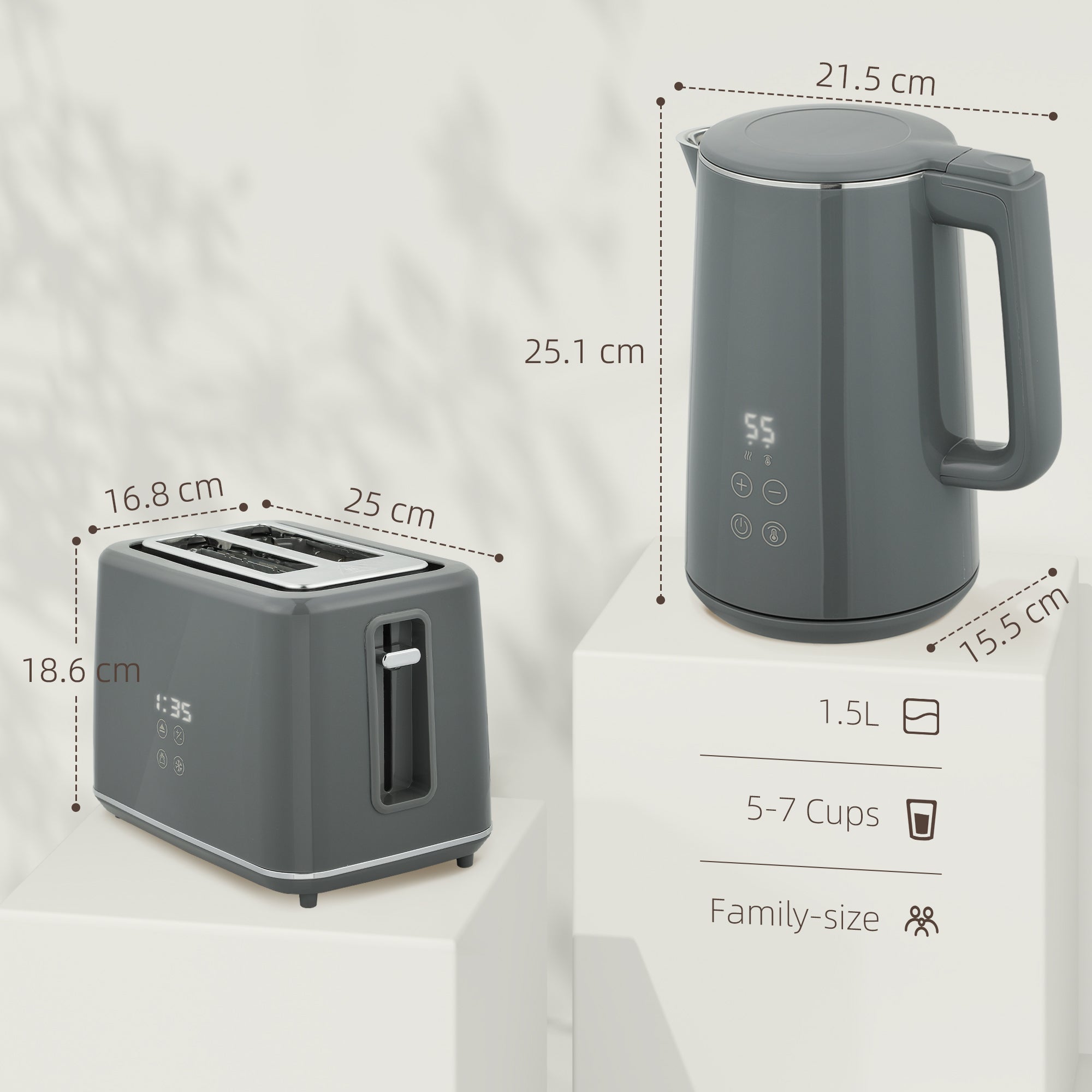 HOMCOM Digital Kettle and Toaster Set, 1.5L 3000W Fast Boil Kettle, 2 Slice Toaster Kitchen Set with 7 Level Browning Controls, Defrost, Reheat, Keep Warm, Crumb Tray and LED Touch Display, Grey