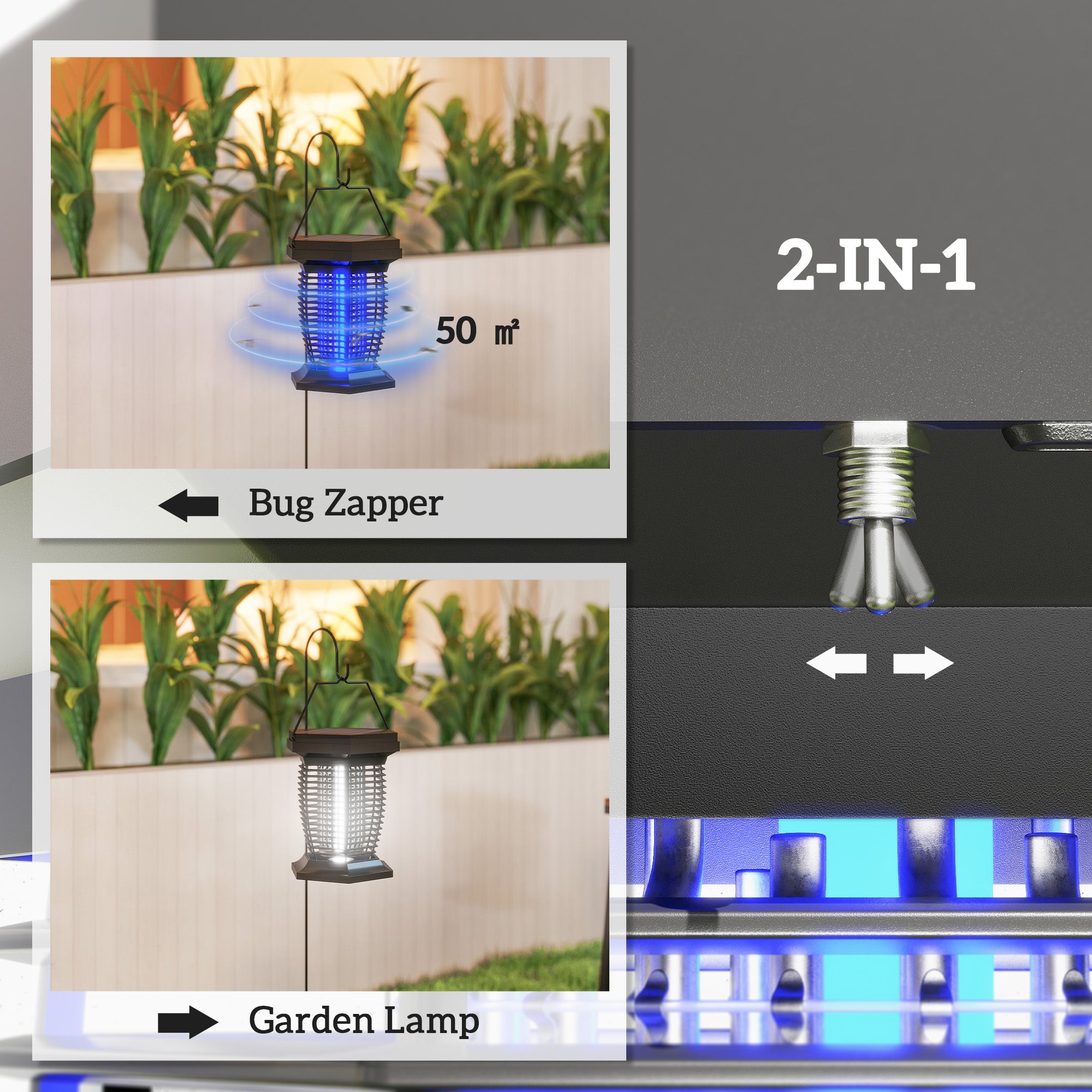 Outsunny 2-in-1 Electric Fly Zapper with UVA Light, Hanging Garden Lantern, Solar and USB-DC Rechargeable Insect Mosquito Bug Zapper, Fly Killer for Indoor and Outdoor Use, Black - North Peak Garden Furniture