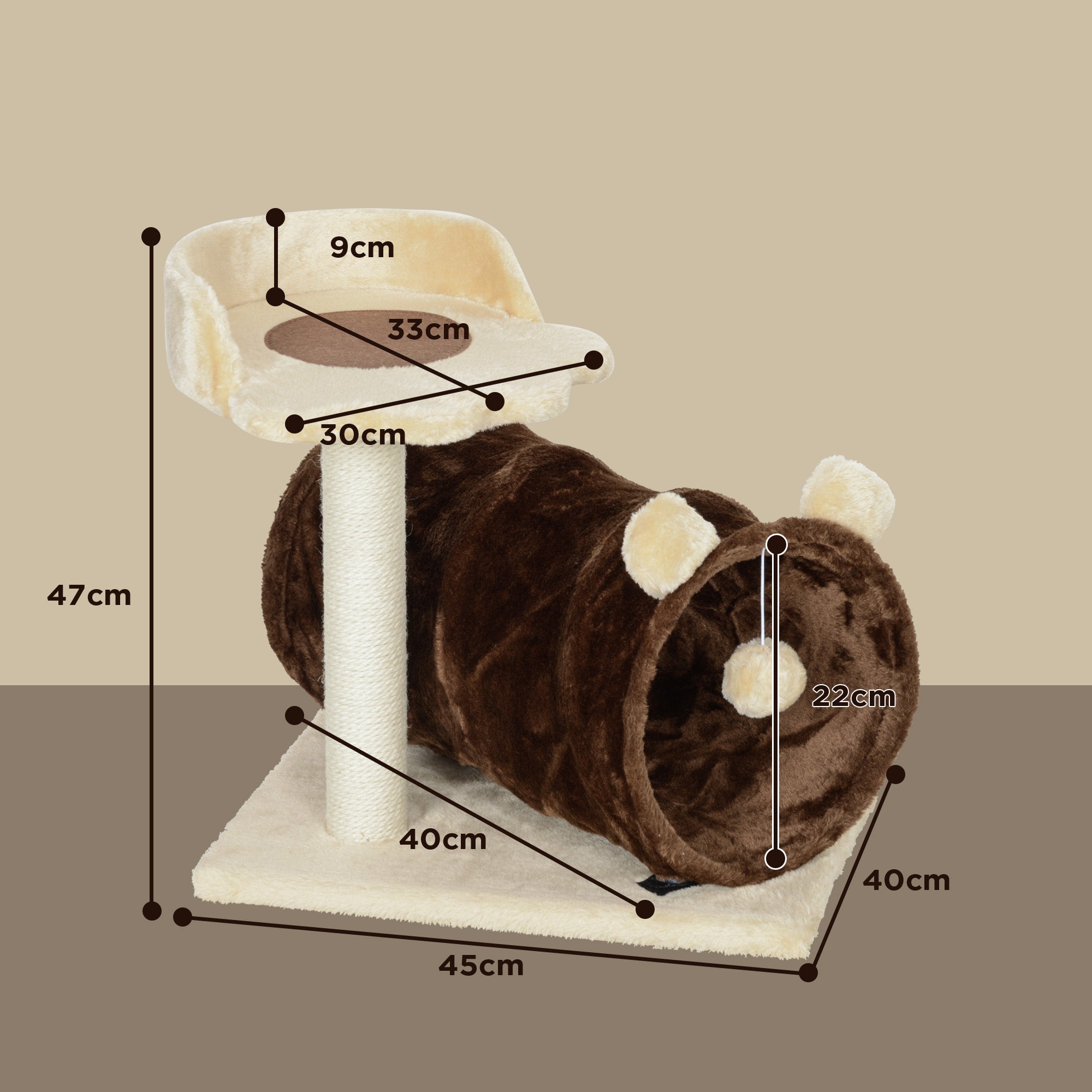 PawHut 47cm Small Cat Tree w/ Scratching Post, Bed, Cat Tunnel, Toy Ball, Dark Brown - North Peak Garden Furniture