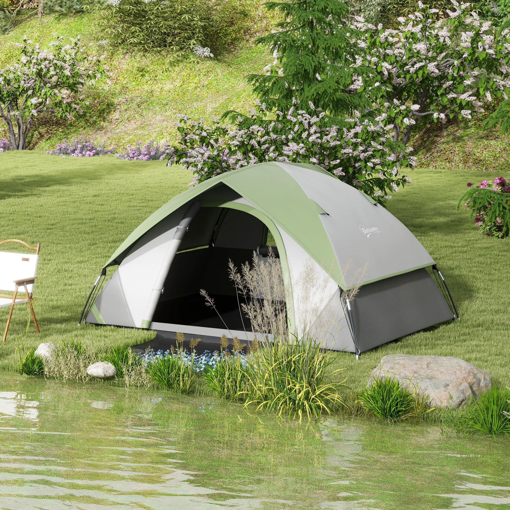 Outsunny Two Man Single Room Dome Tent, with Accessories - Green/Grey - North Peak Garden Furniture