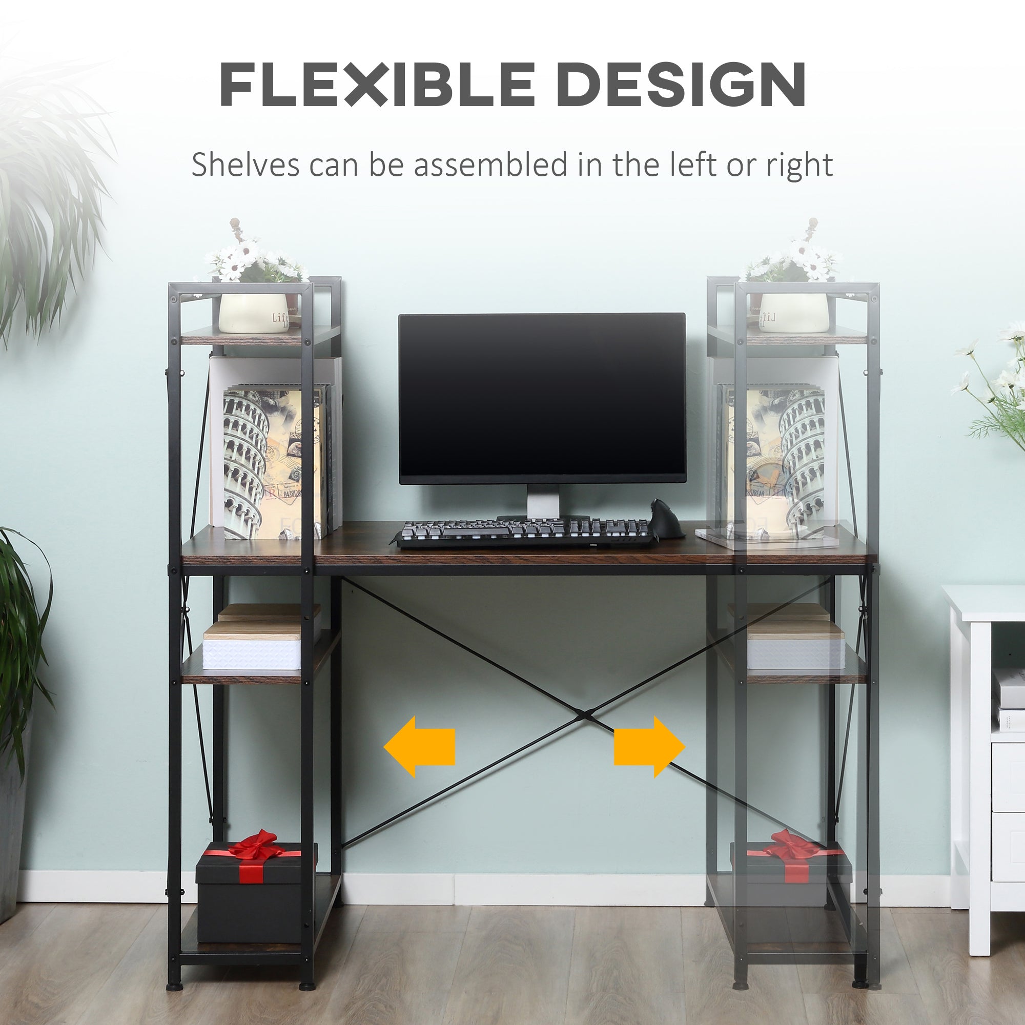 HOMCOM Reversible Computer Desk with Storage Shelves on Left or Right, Industrial Reversible Writing Desk for Home Office, Study, Easy Assembly, 120 x 64 x 121cm, Rustic Brown and Black - North Peak Garden Furniture