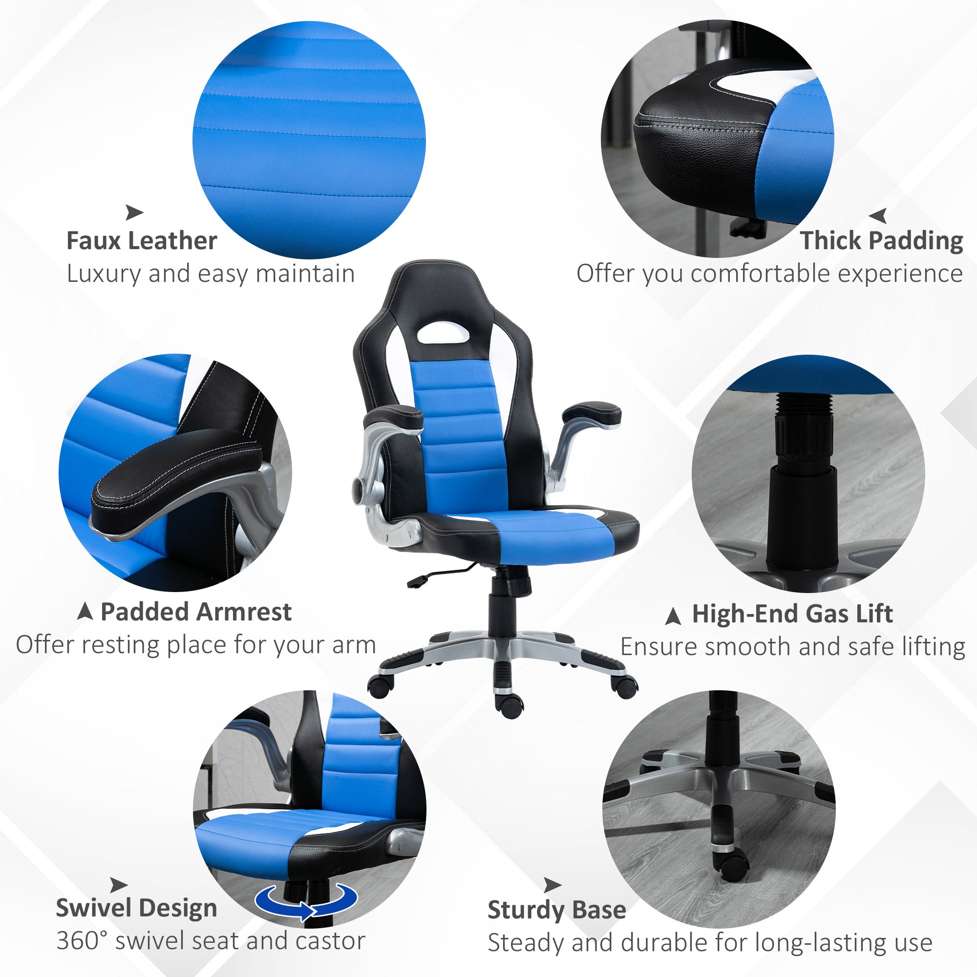 HOMCOM Computer Gaming Chair, Office Desk Swivel Chair, PU Leather Racing Chair with 90° Flip-up Armrest, Adjustable Height and Rolling Wheels, Blue - North Peak Garden Furniture