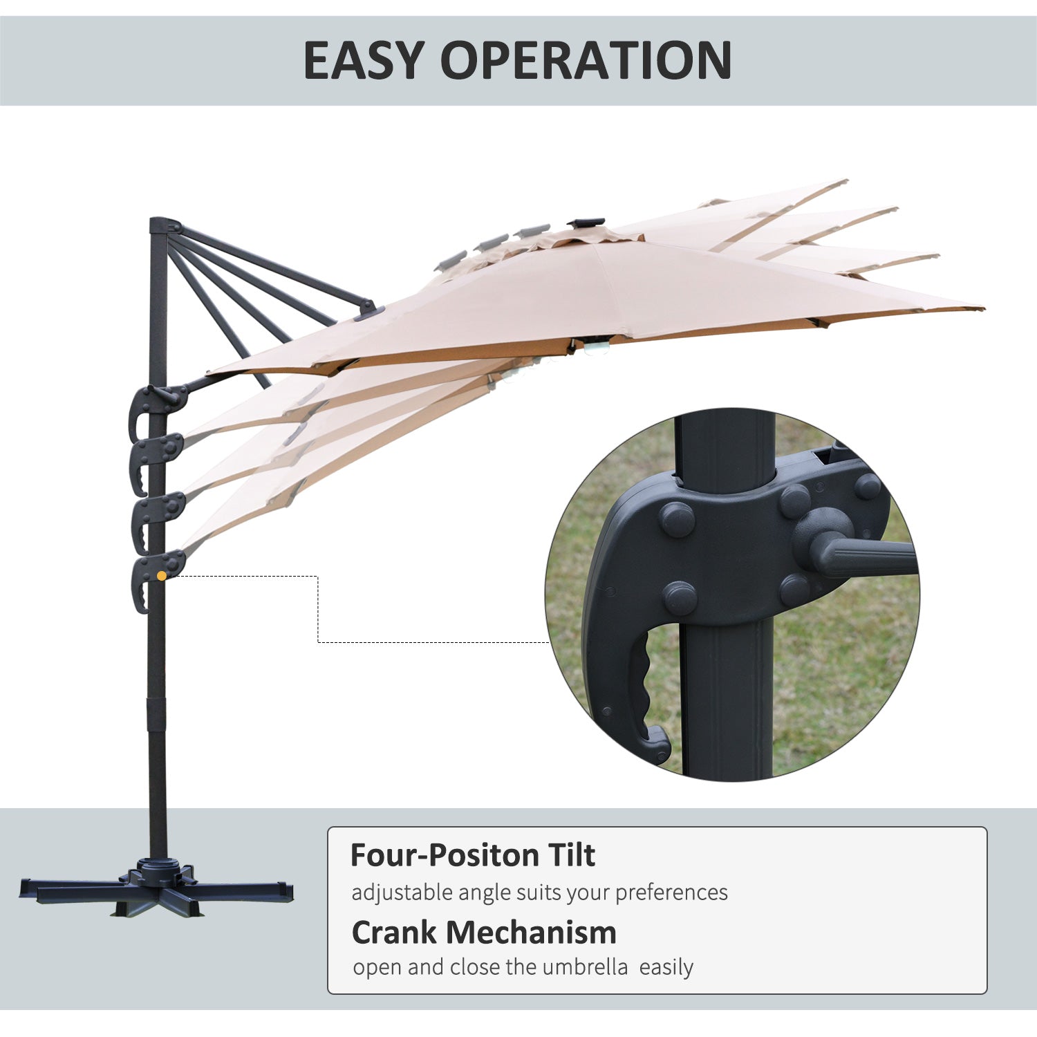 Outsunny 3(m) LED Cantilever Parasol Outdoor Sun Umbrella w/ Base Solar Lights Brown - North Peak Garden Furniture