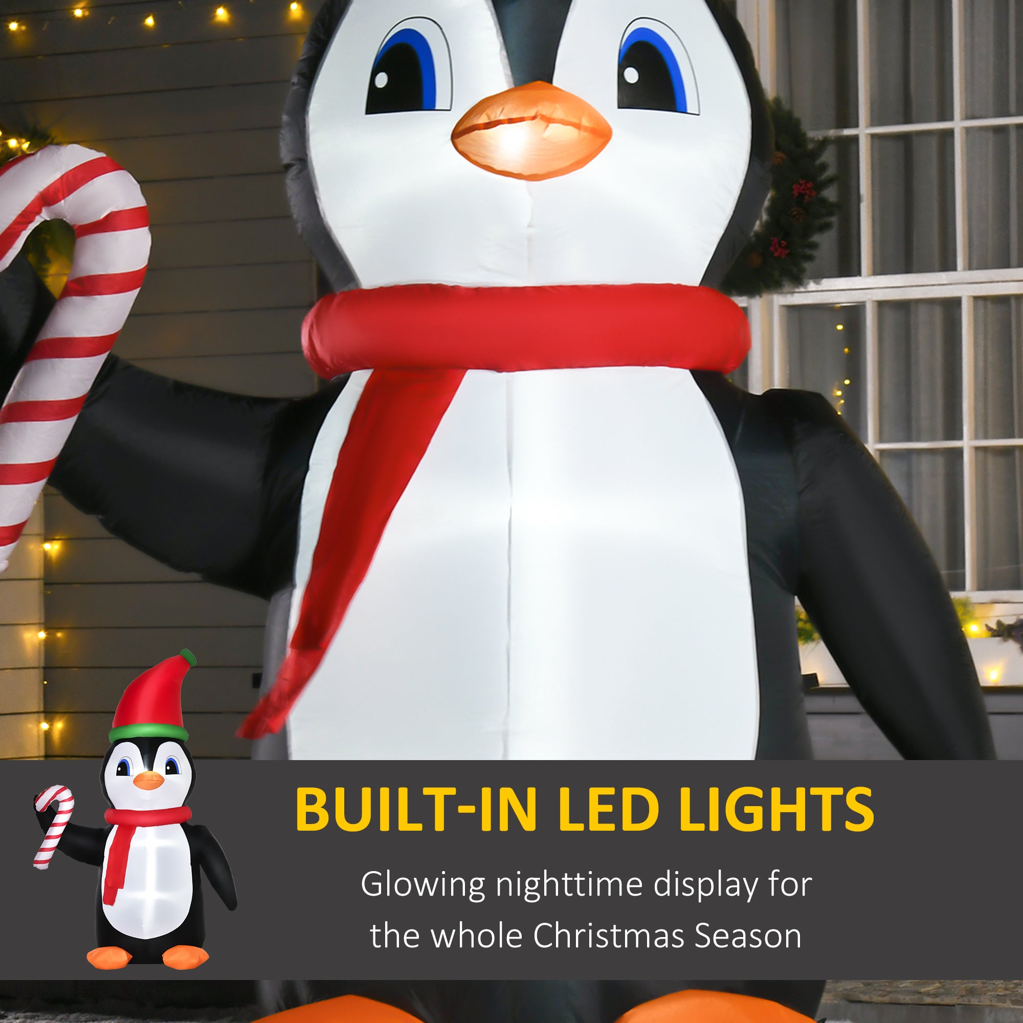 HOMCOM 8ft Inflatable Christmas Penguin Holding Candy Cane Blow Up Outdoor Decoration with LED Lights for Holiday - North Peak Garden Furniture